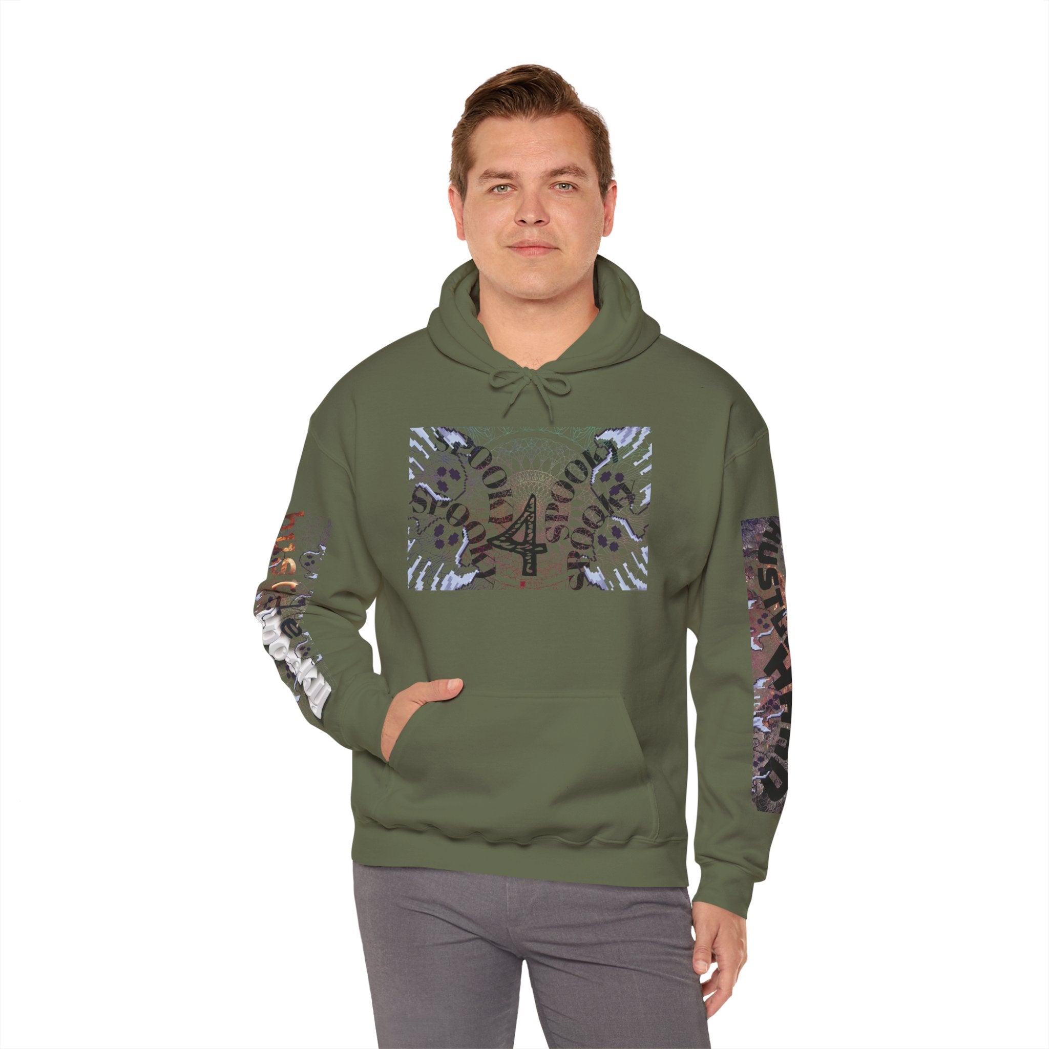 Man wearing a green hoodie with a colorful design on a white background