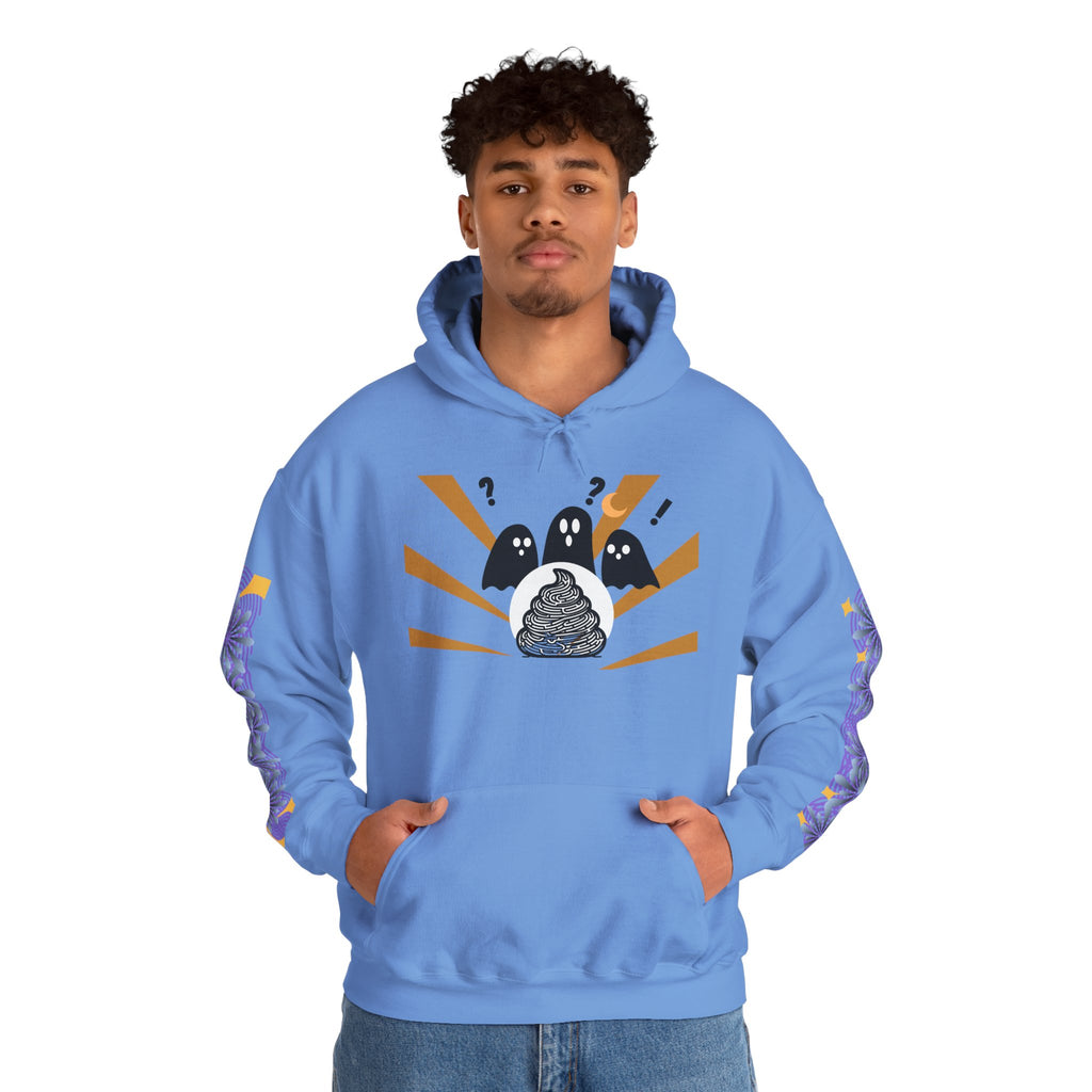 Person wearing a blue hoodie with a graphic design on a white background