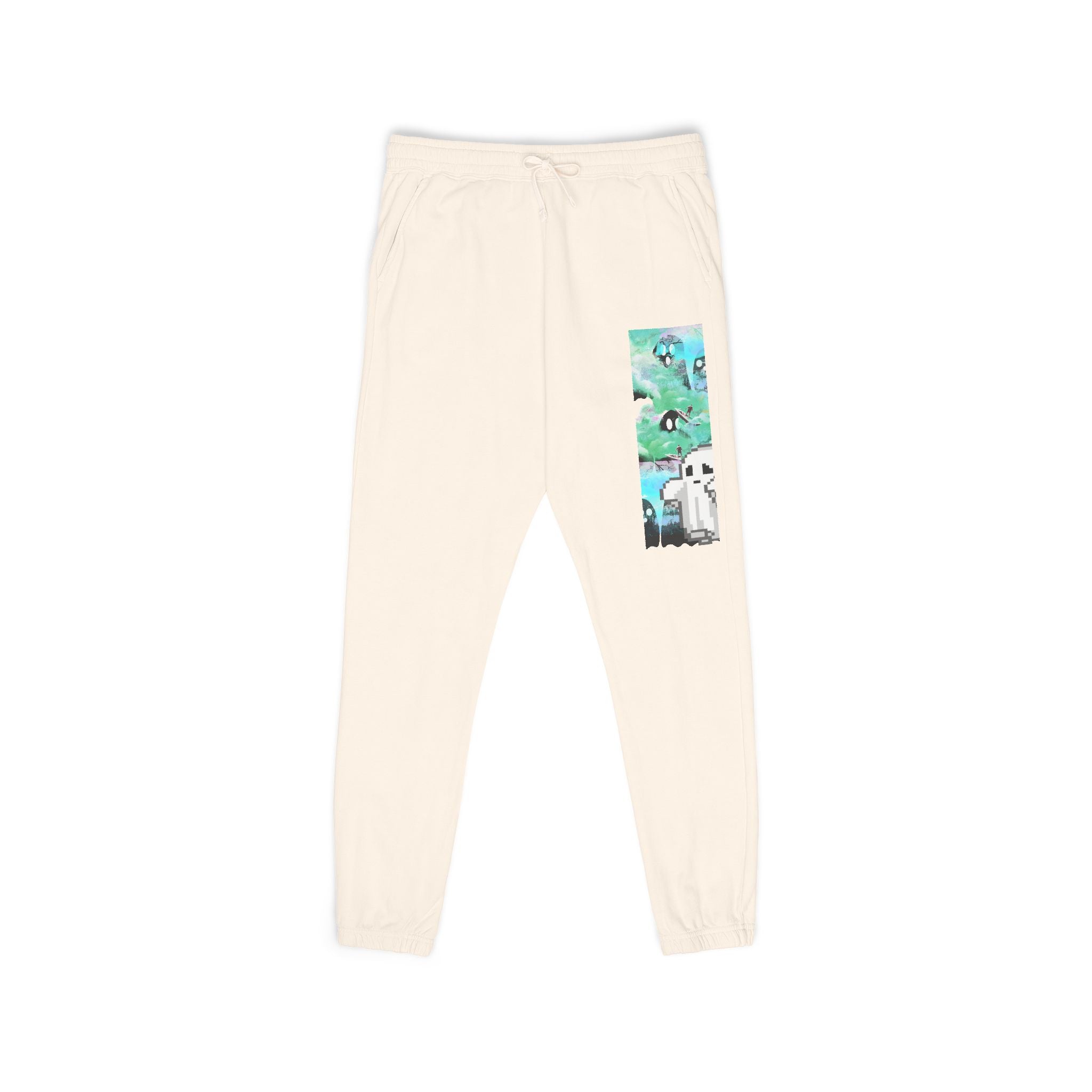 Beige sweatpants with a graphic of penguins on a white background