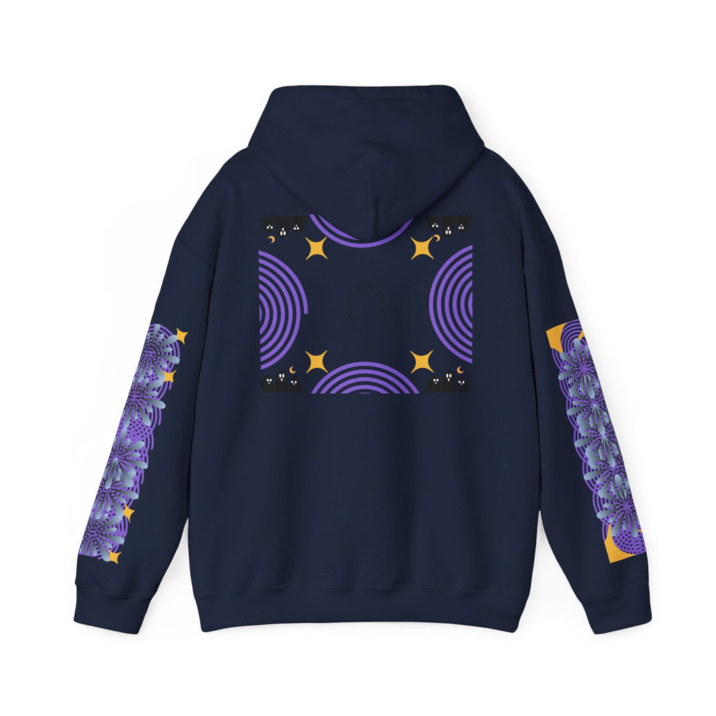 Navy blue hoodie with purple and yellow designs on a white background