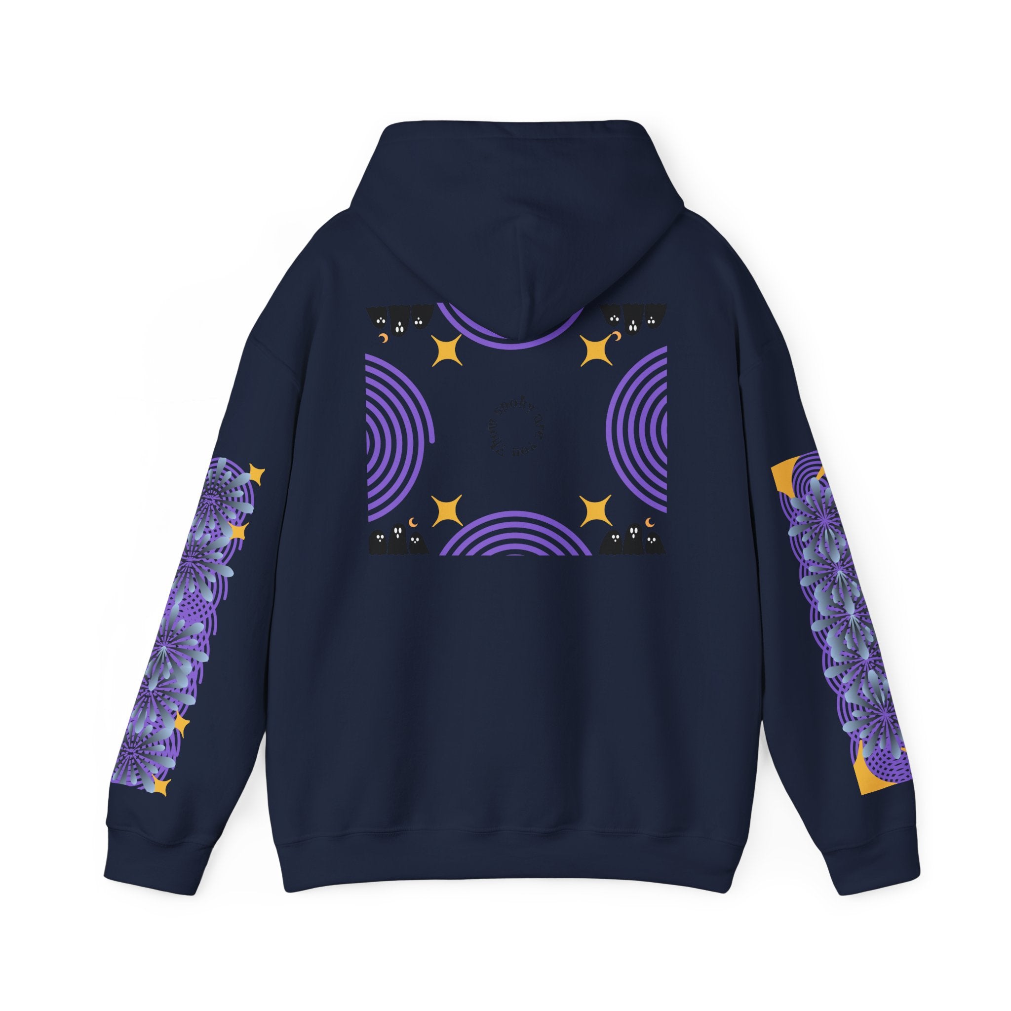Navy blue hoodie with purple and yellow designs on a white background