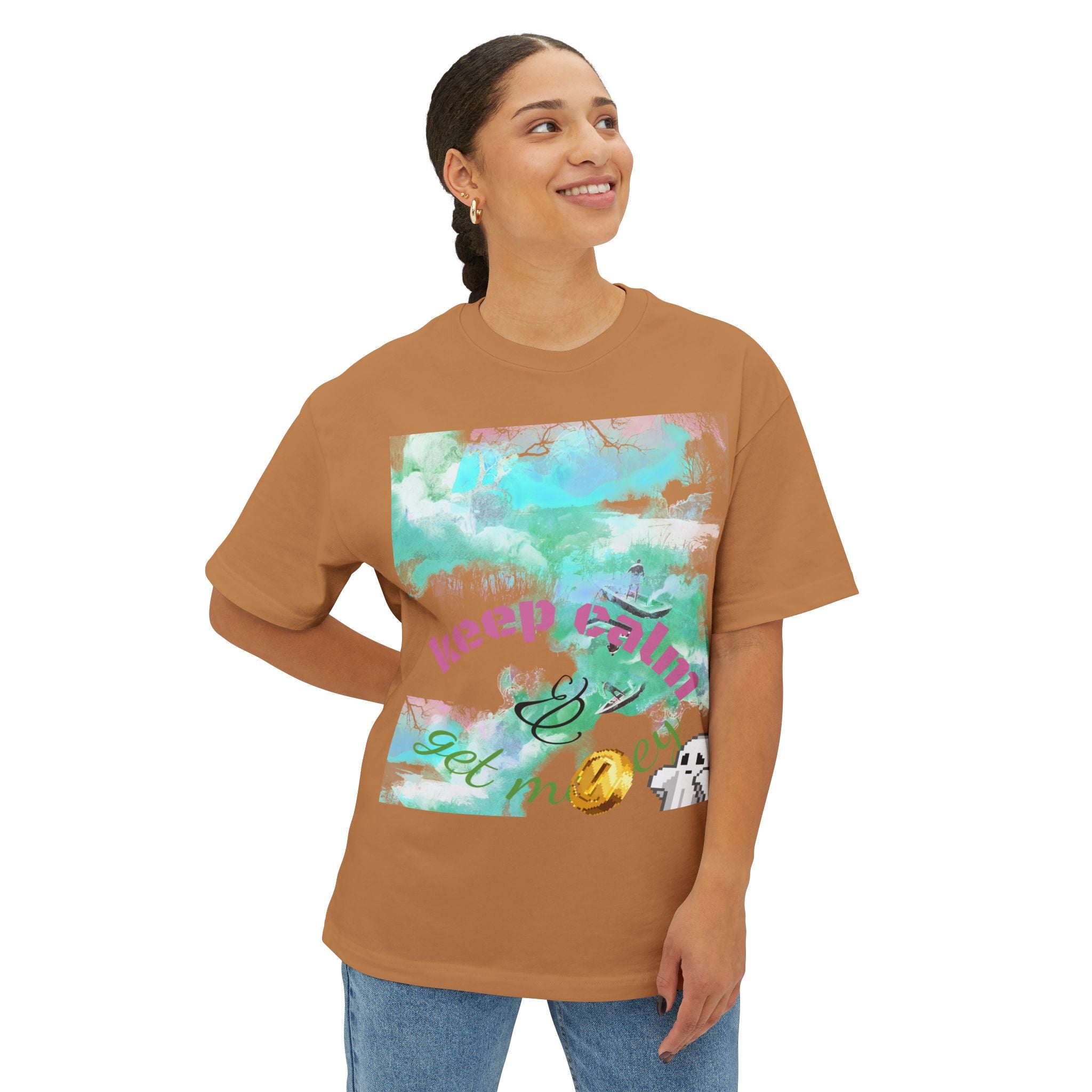 Woman wearing a brown t-shirt with a colorful graphic design on a white background