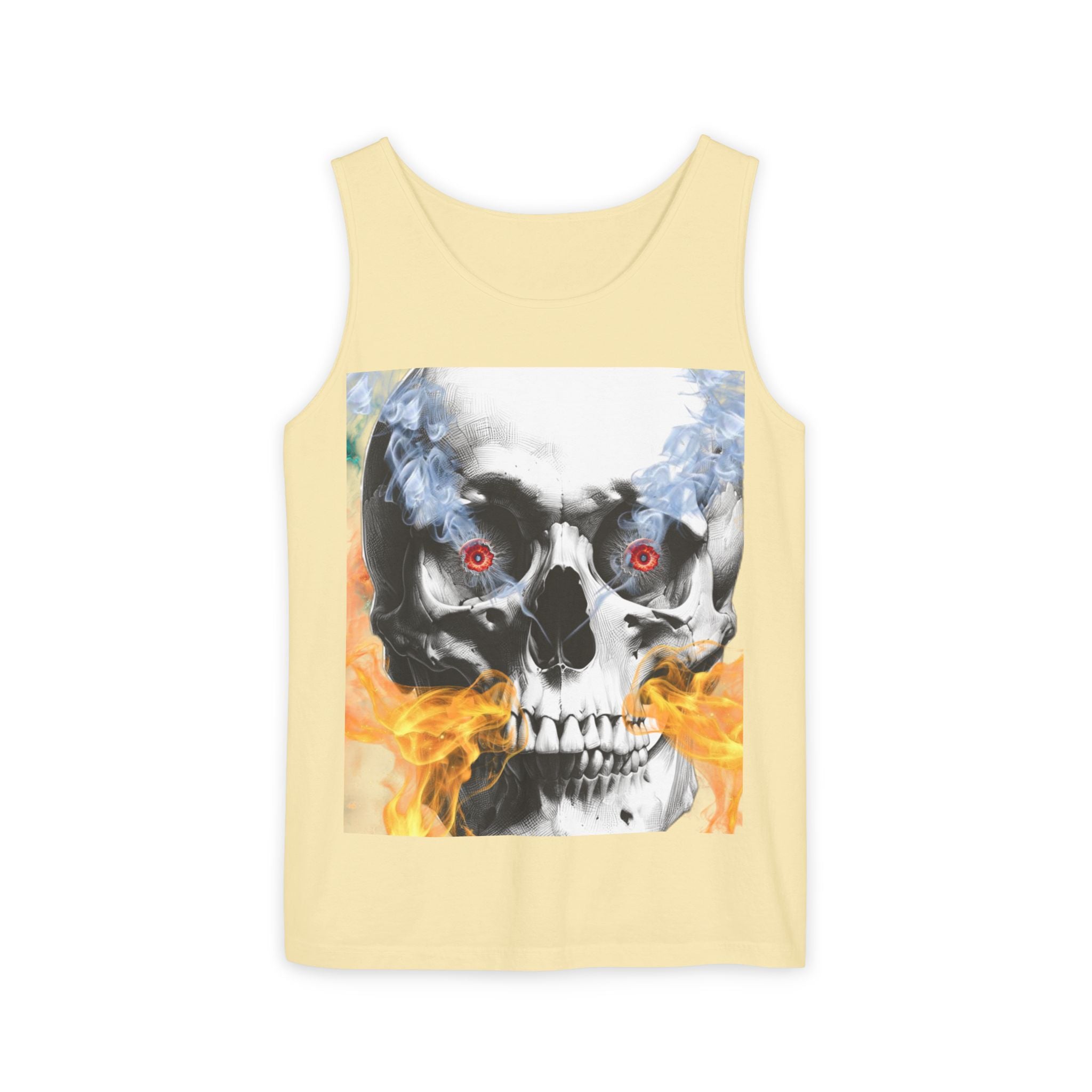 Yellow tank top with a graphic of a skull with flames on a white background