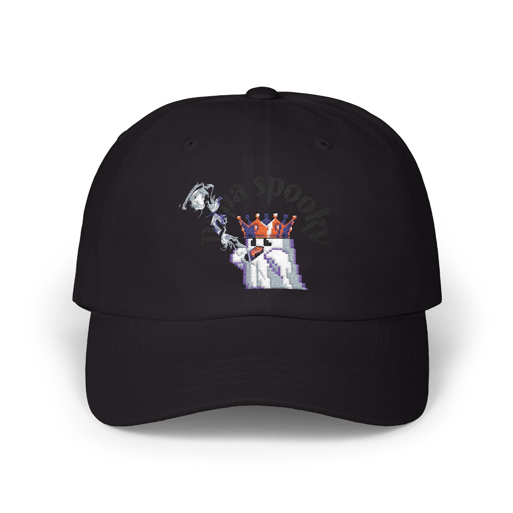 Black cap with a graphic design on a white background