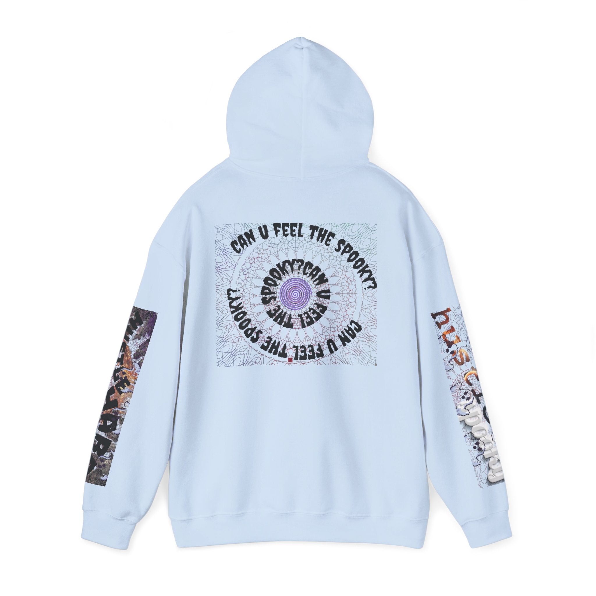 Light blue hoodie with graphic designs on sleeves and back on a white background