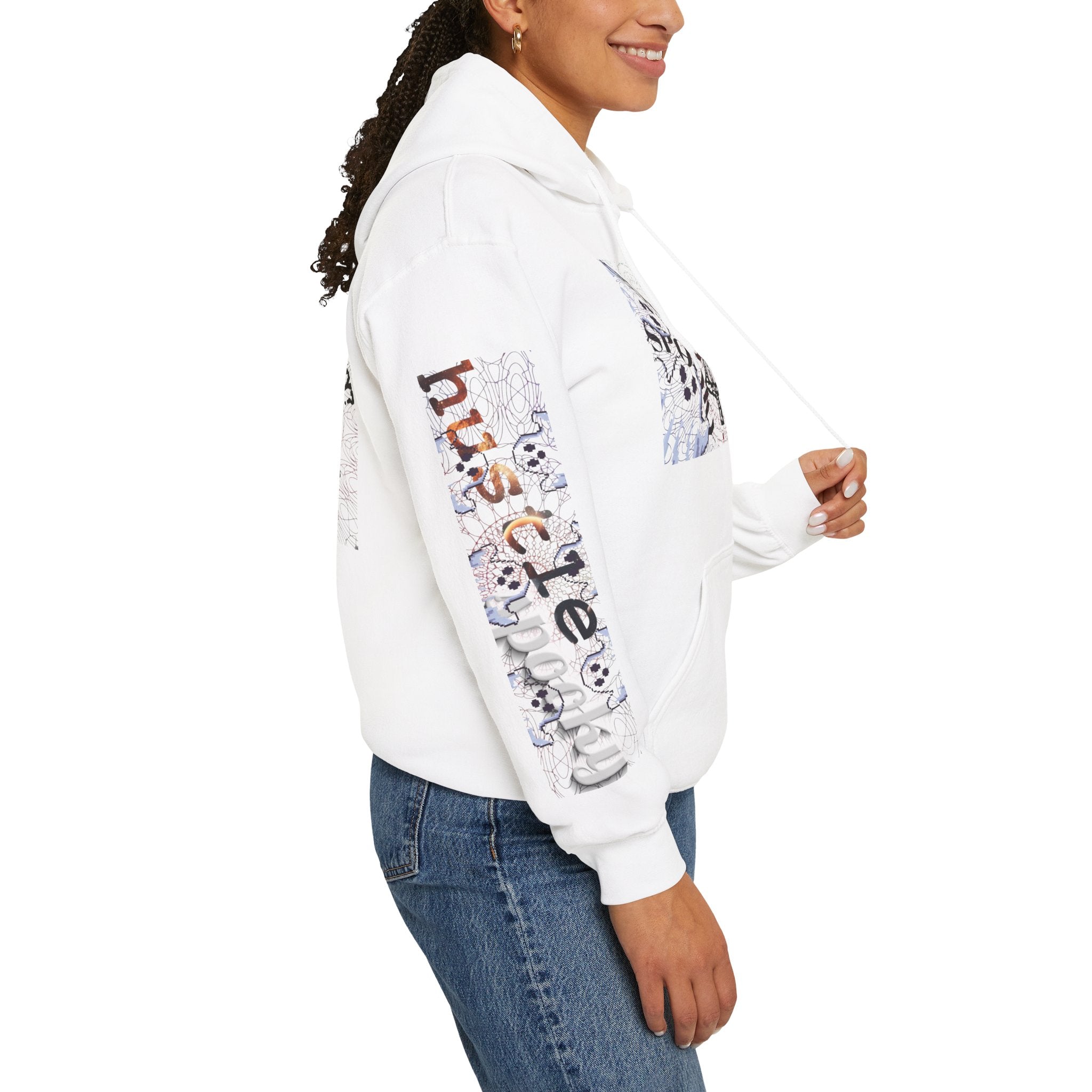 Person wearing a white hoodie with colorful text and graphics on a white background