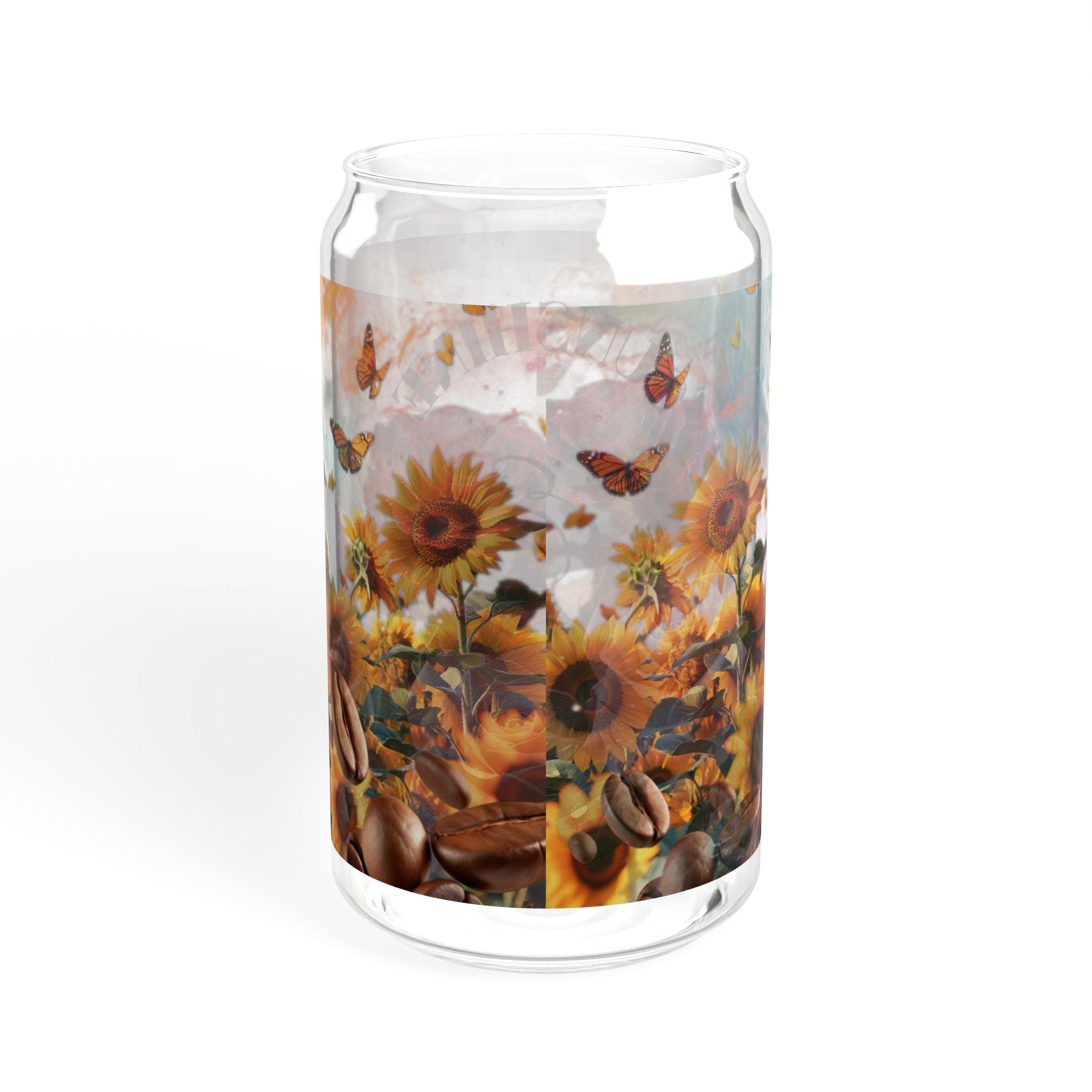 Tall glass candle holder with sunflower and butterfly design on a white background