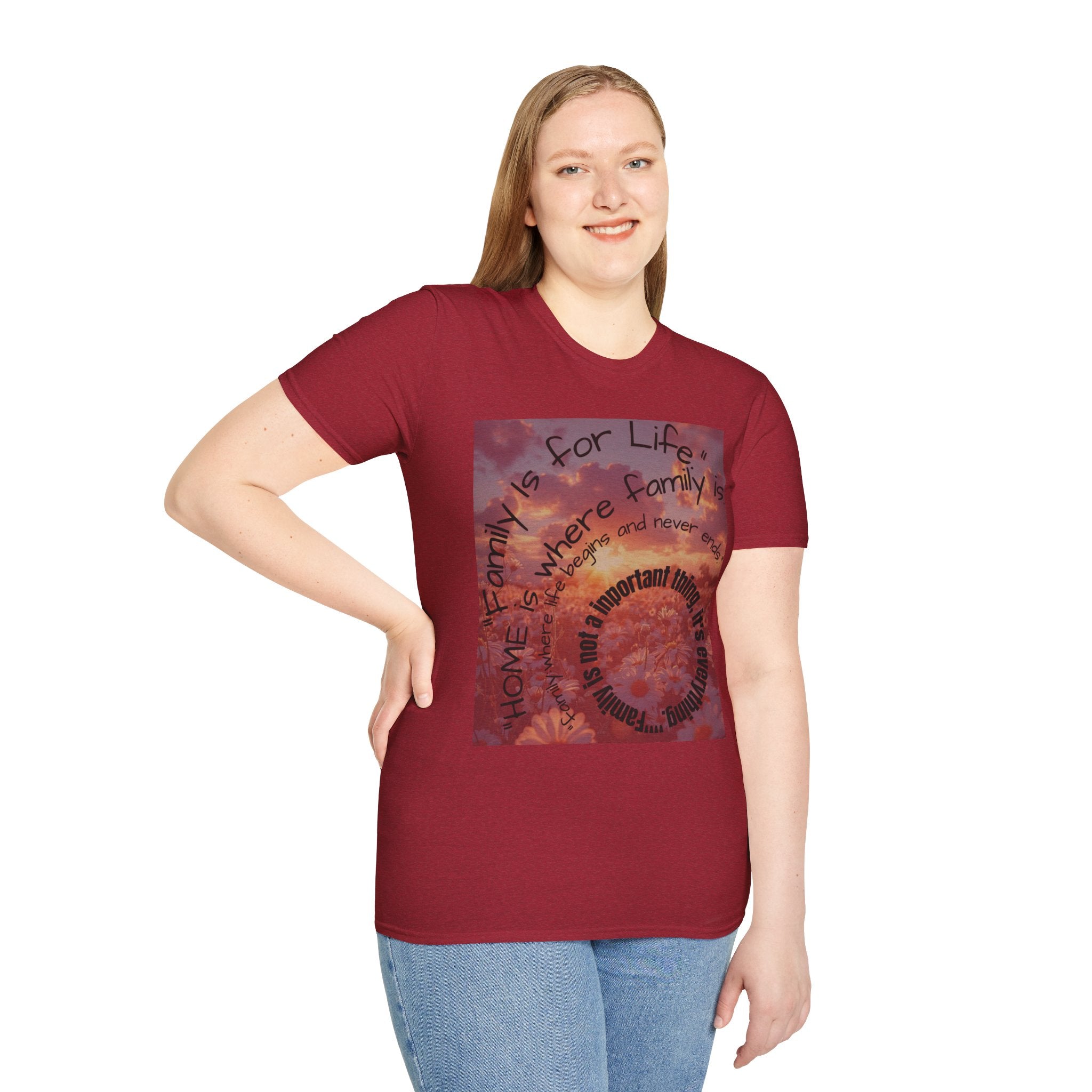 Woman wearing a red t-shirt with a graphic design on a white background
