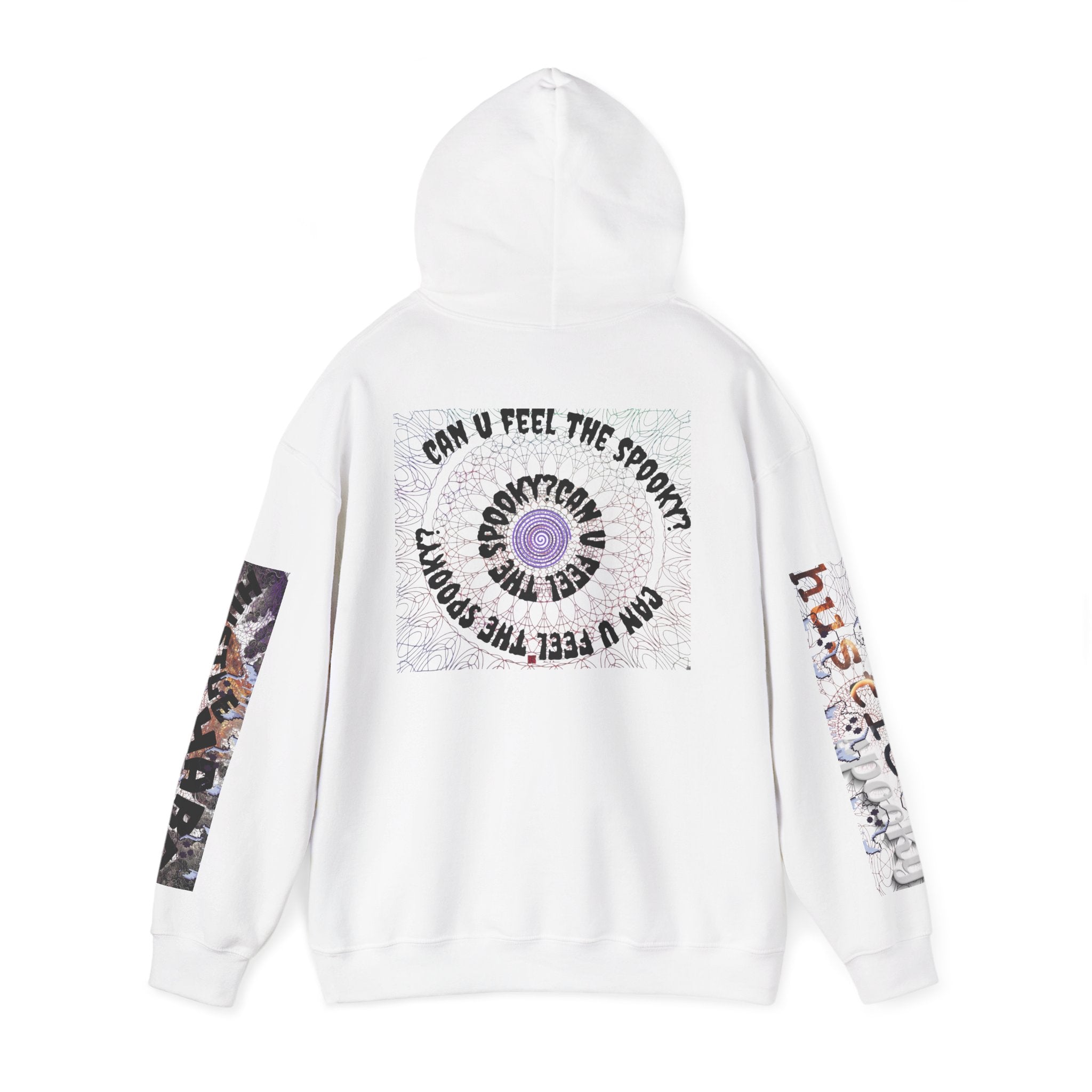 White hoodie with graphic design on the back and sleeves on a white background