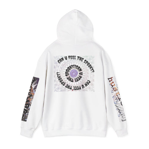 White hoodie with graphic design on the back and sleeves on a white background