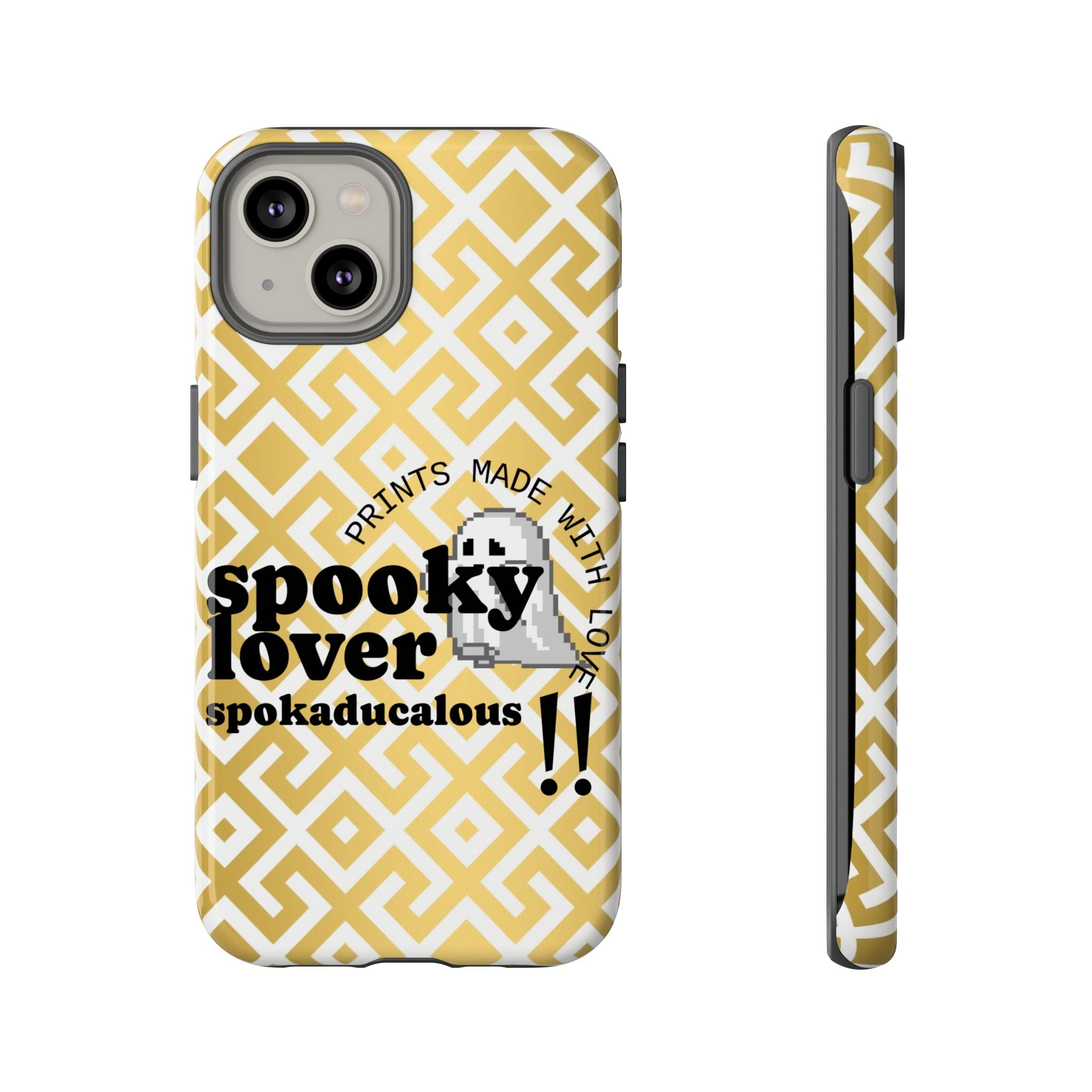 Phone case with yellow geometric pattern and text 'spooky lover spokaducalicious' on a white background