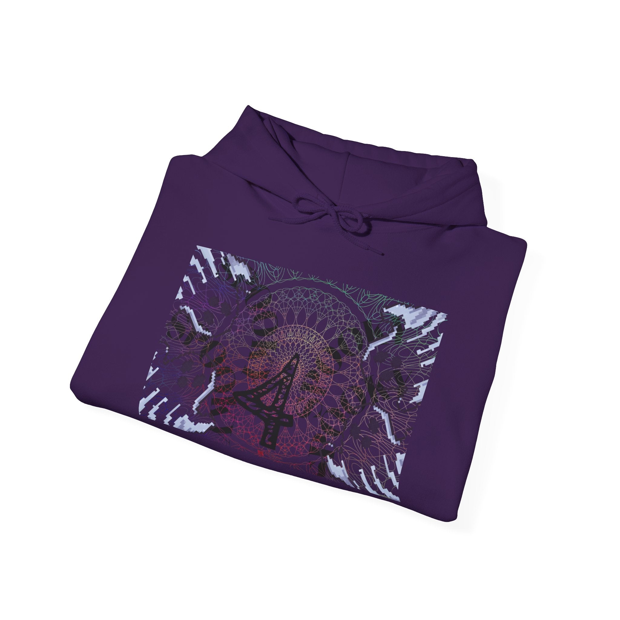 Folded purple hoodie with a colorful design on a white background