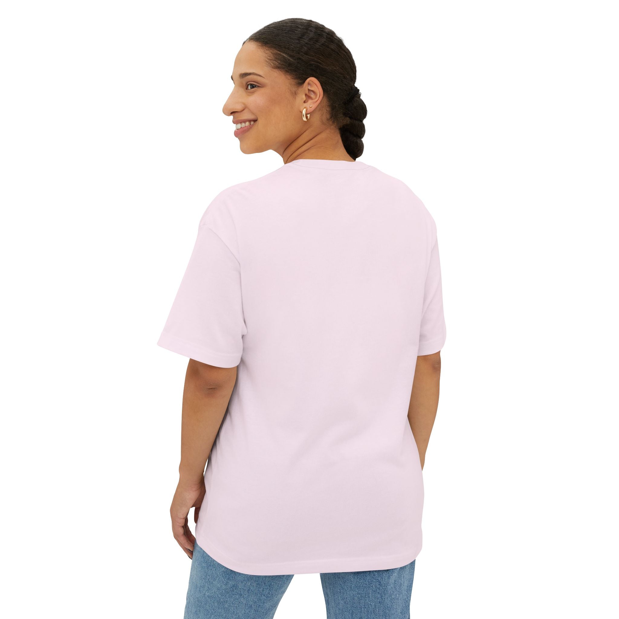 Woman wearing a light pink t-shirt on a white background
