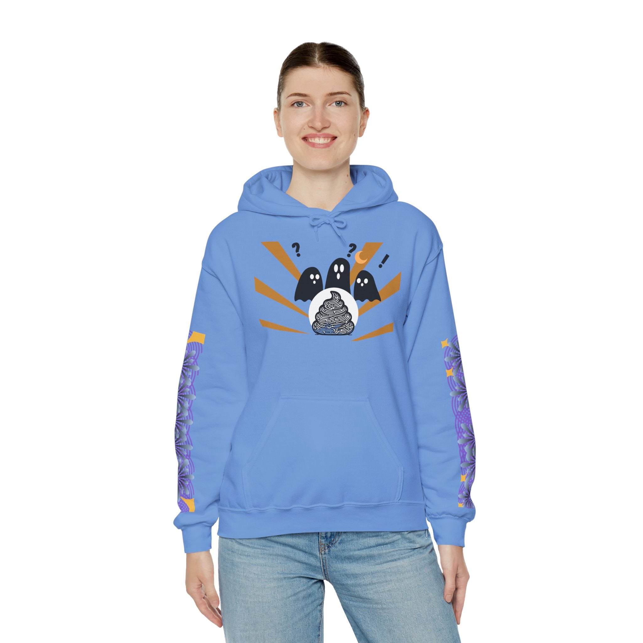 Person wearing a blue hoodie with a graphic design on a white background