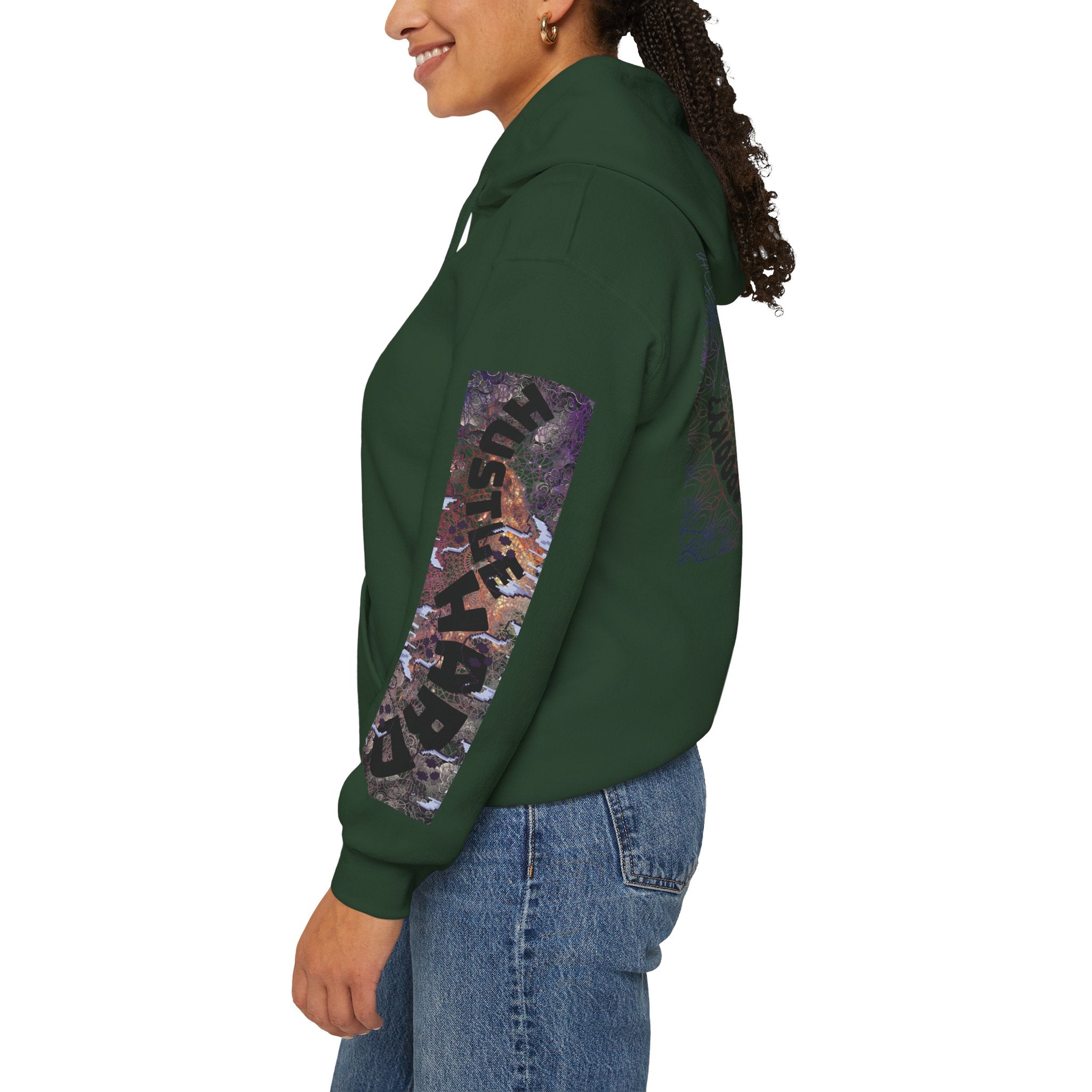 Person wearing a green hoodie with a colorful graphic on the sleeve against a white background