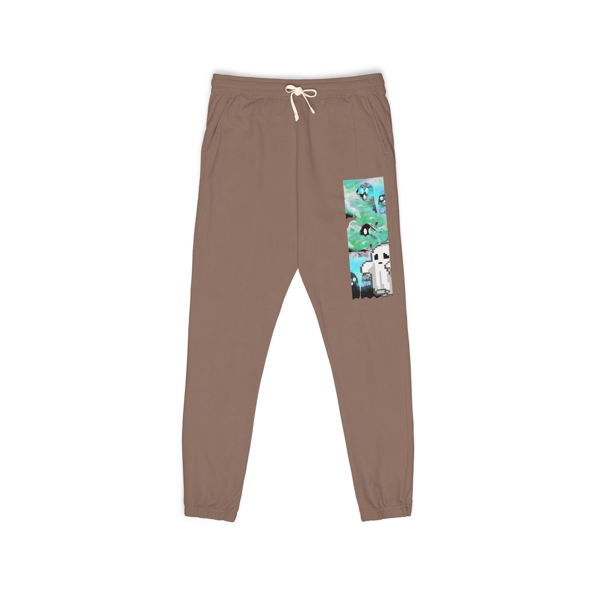Brown sweatpants with a colorful graphic on a white background