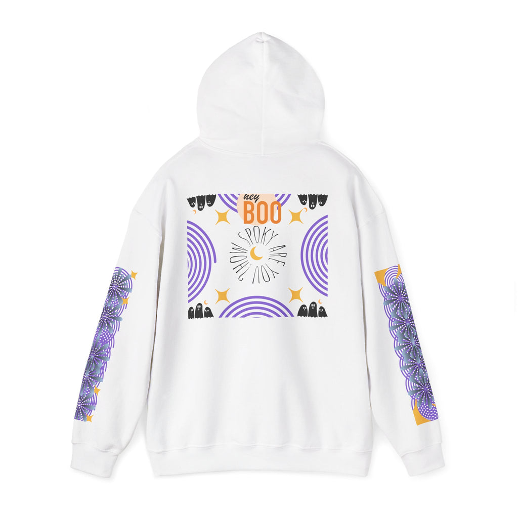 White hoodie with colorful designs on the back and sleeves against a white background