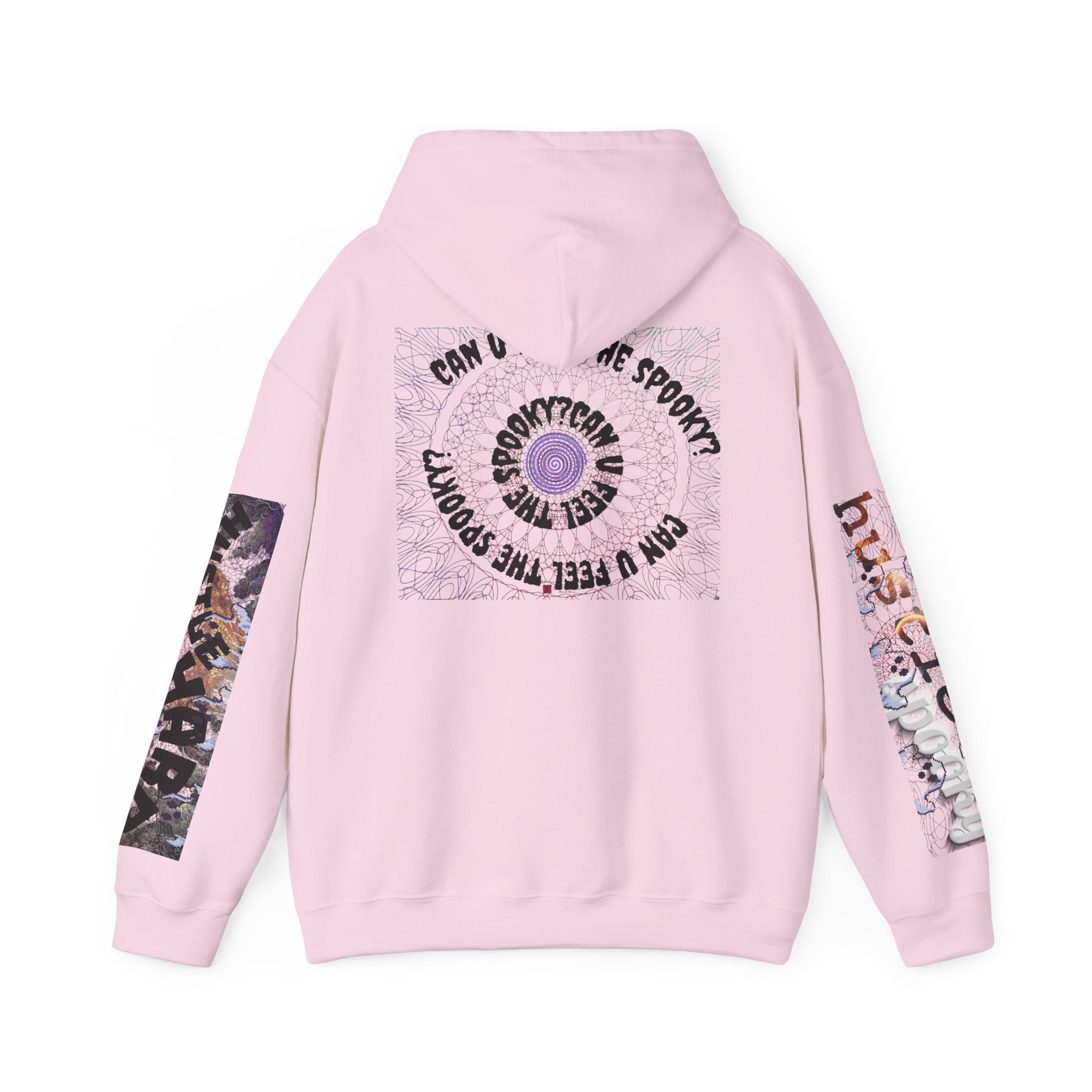 Pink hoodie with graphic designs on sleeves and back against a white background