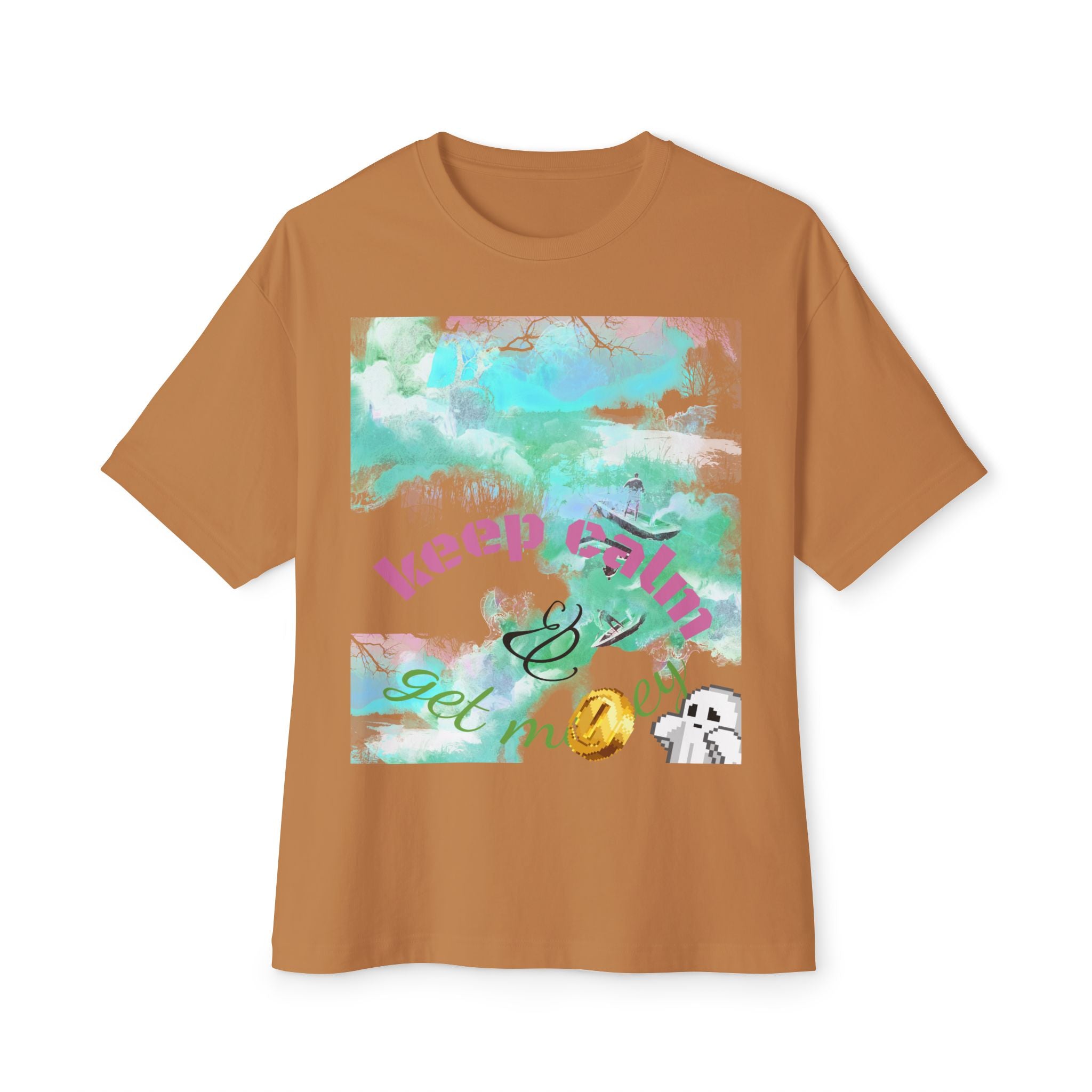 Brown t-shirt with colorful graphic design and text on a white background
