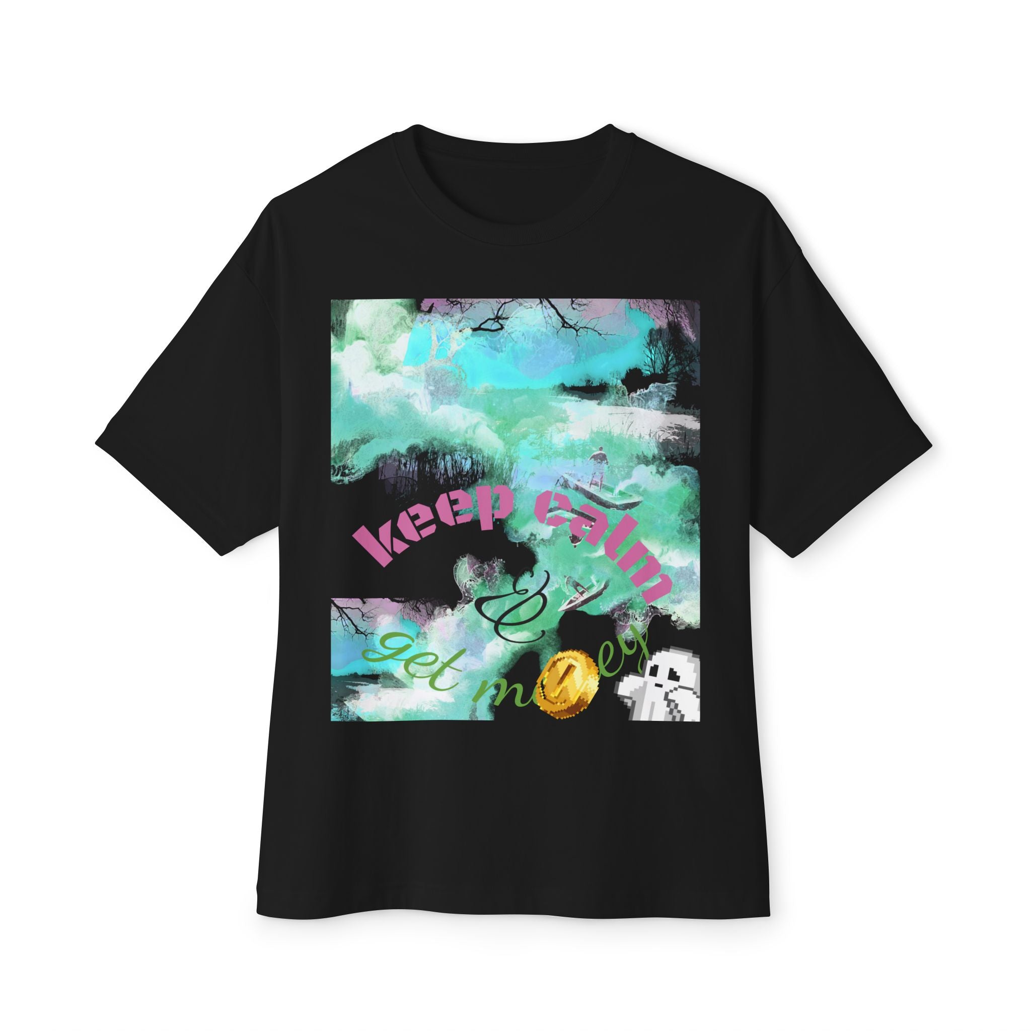 Black t-shirt with colorful graphic design and text on a white background