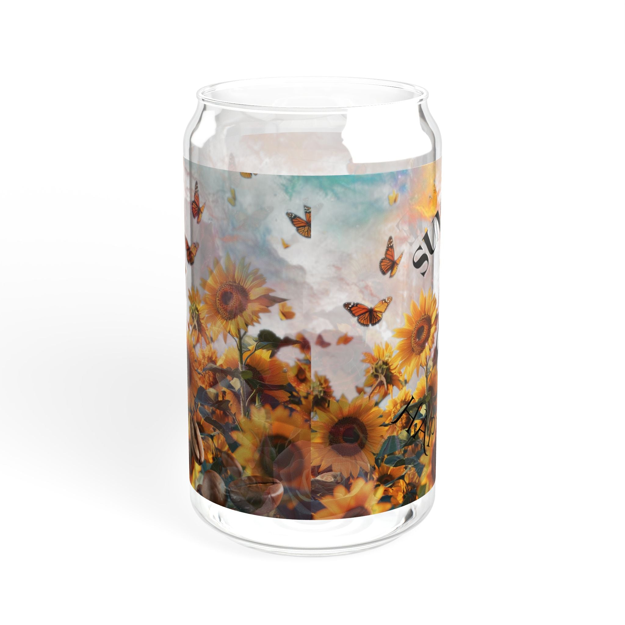 Clear candle holder with sunflower and butterfly design on a white background