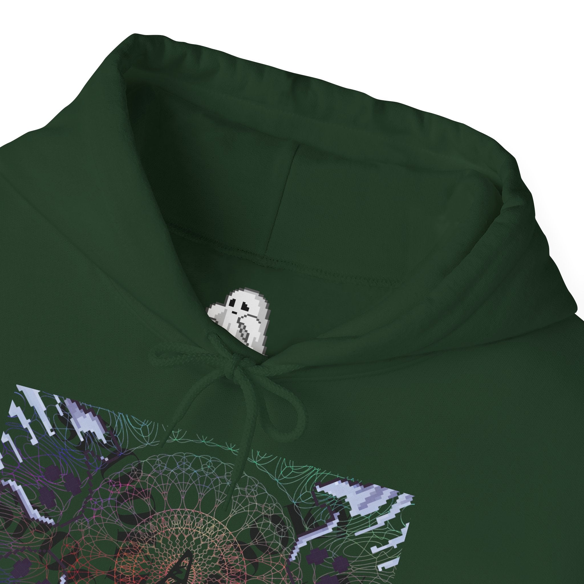 Green hoodie with a ghost design on the chest against a white background