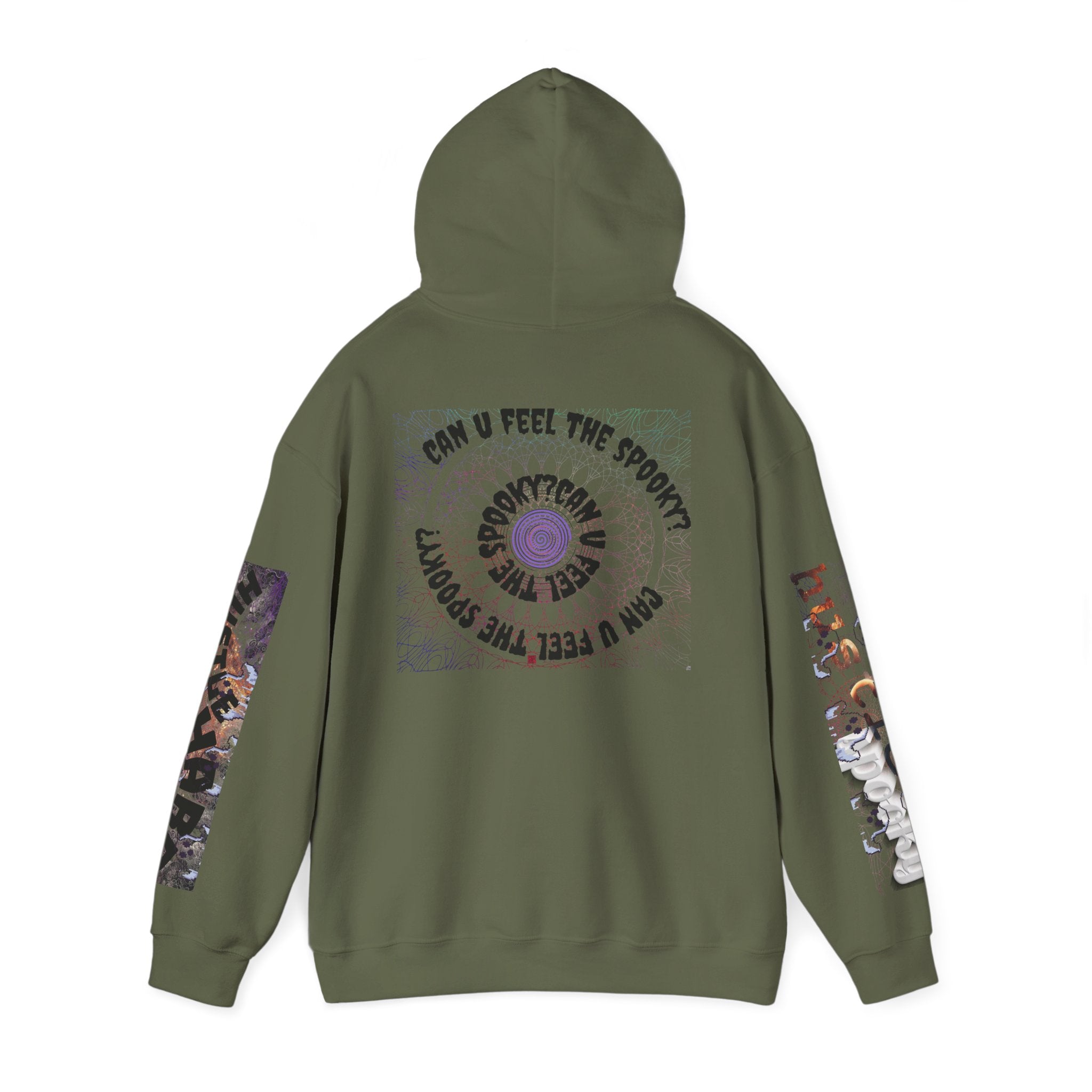 Green hoodie with graphic designs on sleeves and back on a white background