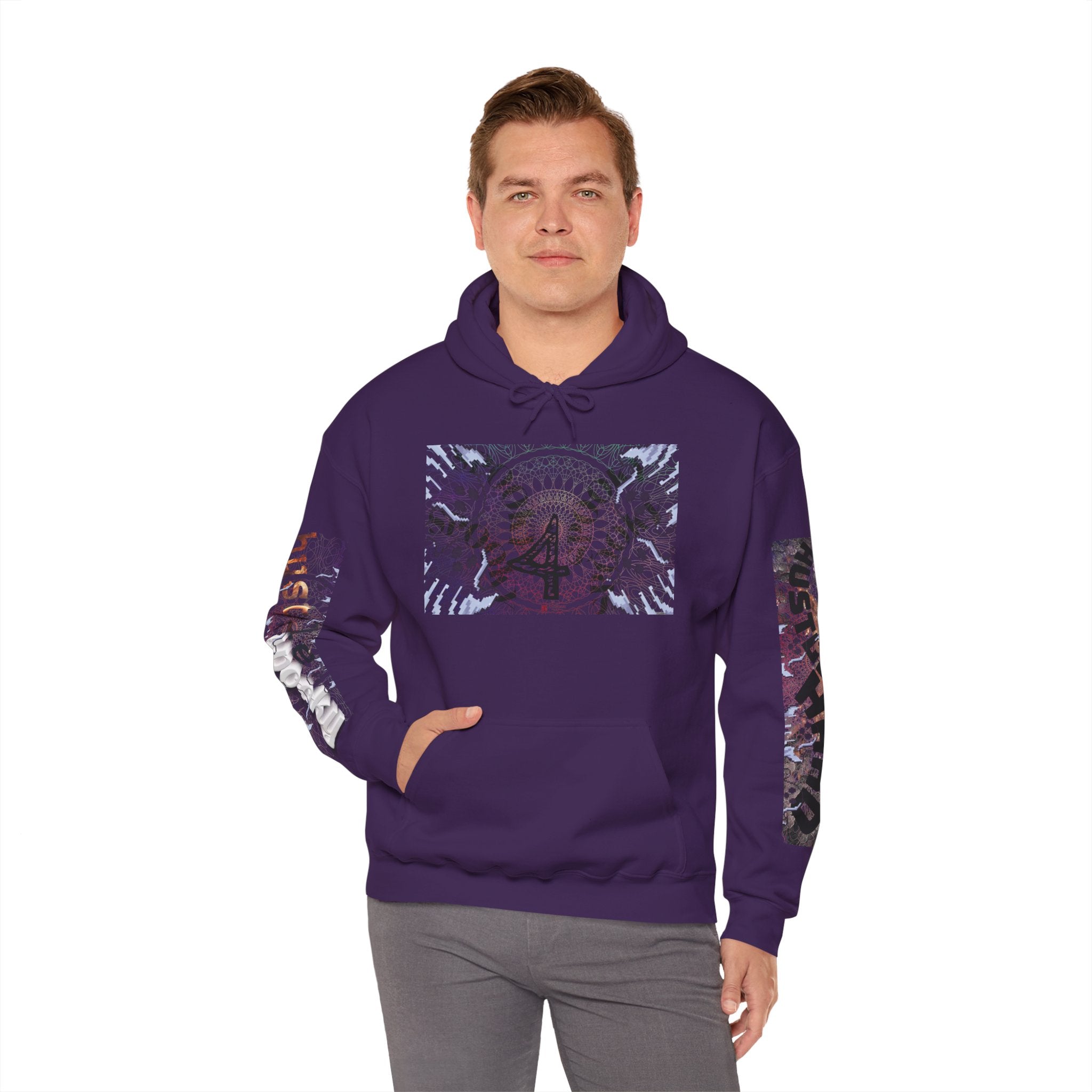 Man wearing a purple hoodie with a graphic design on a white background