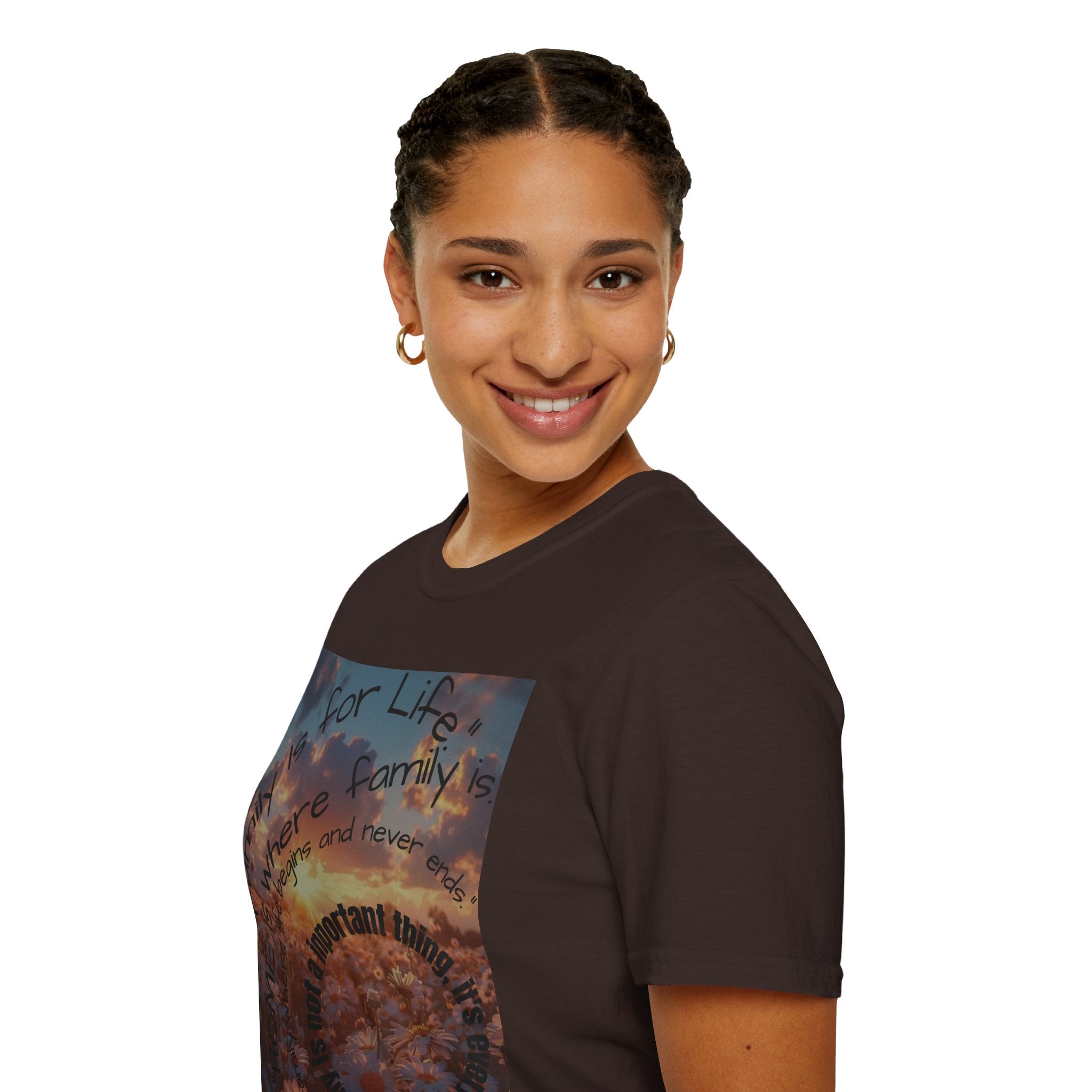 Woman wearing a brown t-shirt with text on a white background