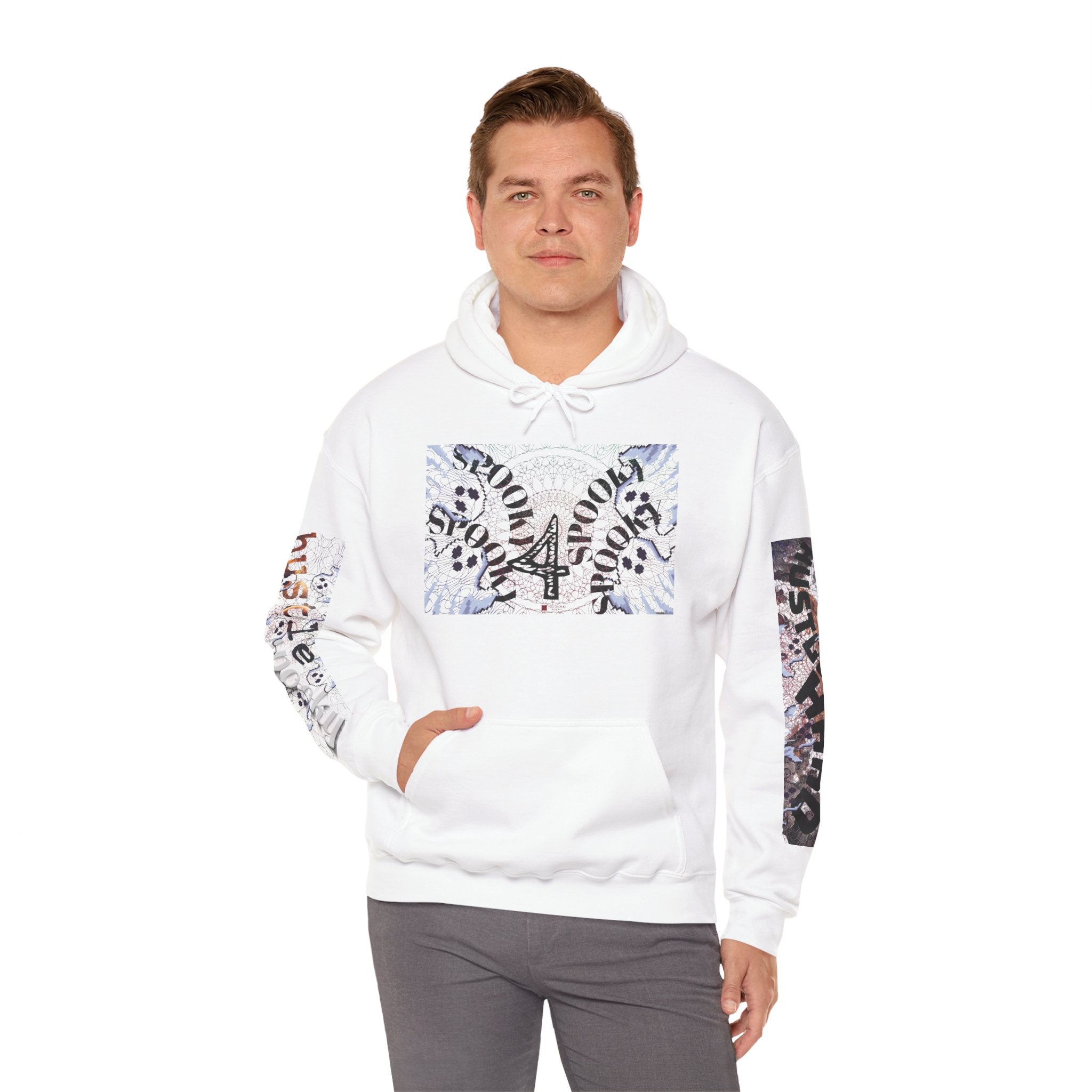 Man wearing a white hoodie with graphic designs on sleeves against a white background