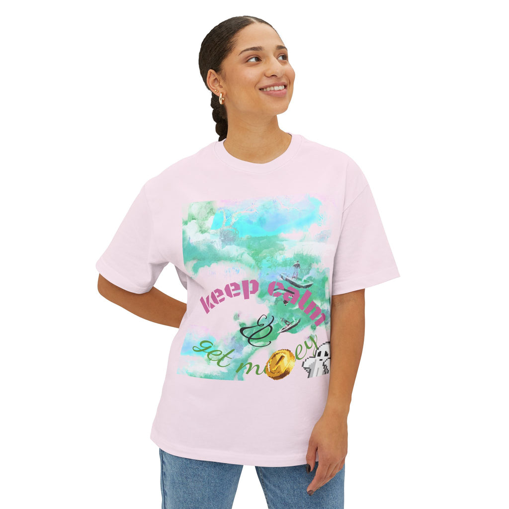 Person wearing a pink t-shirt with a colorful graphic and text on a white background