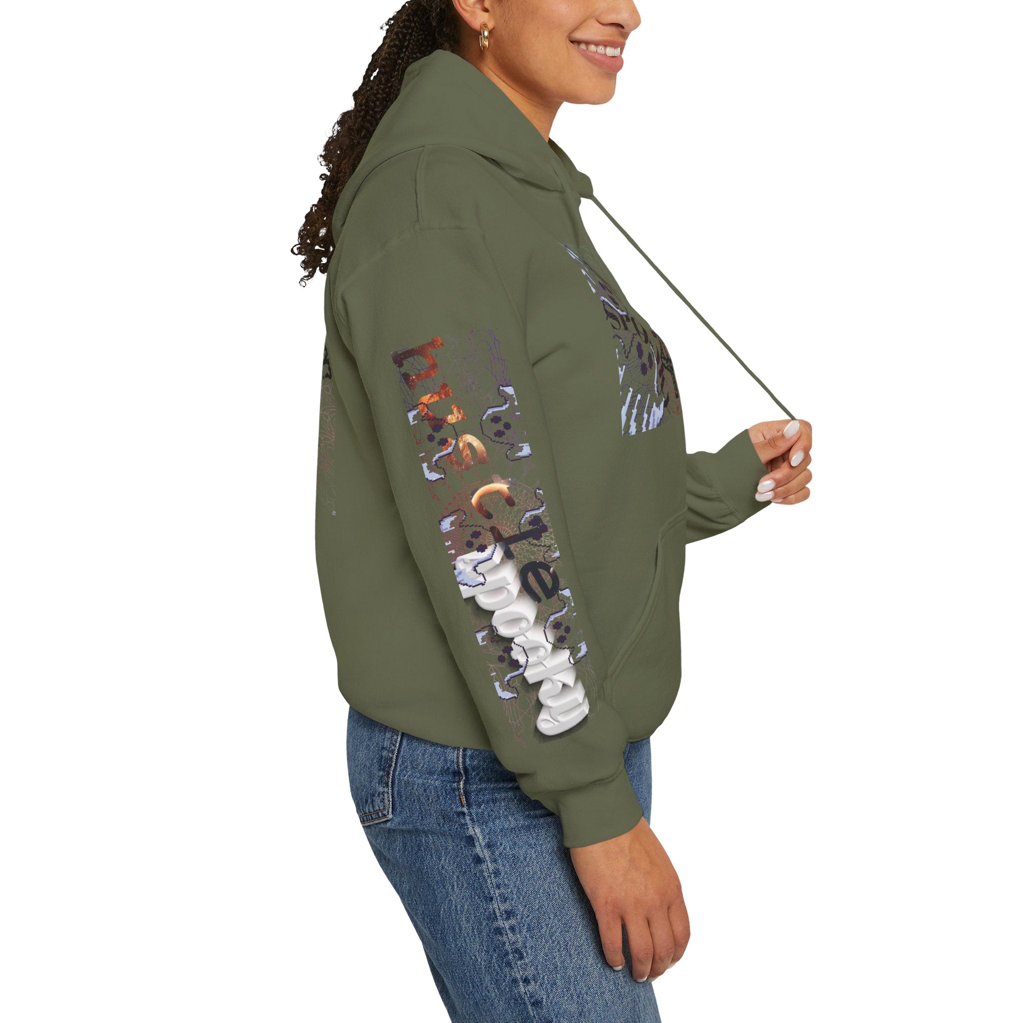 Person wearing a green hoodie with colorful designs on the sleeves against a white background