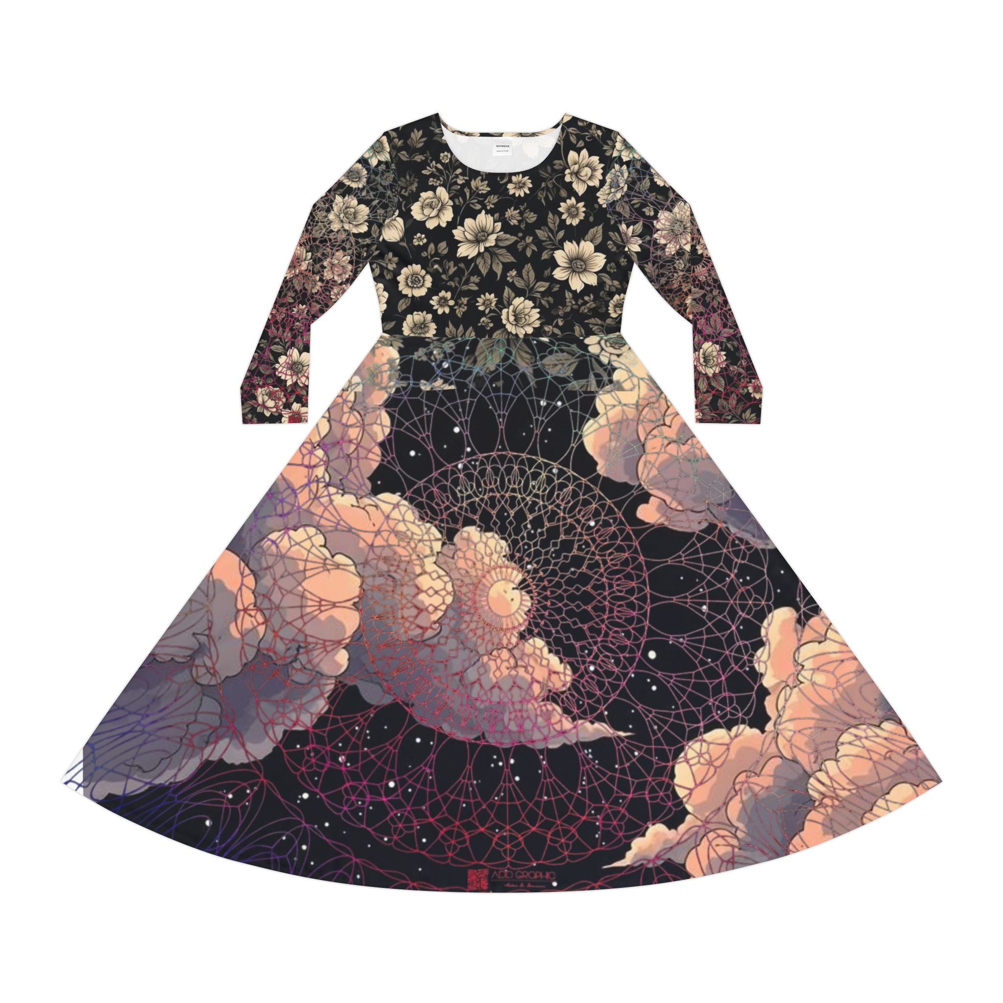 Dress with floral top and cosmic bottom design on a white background
