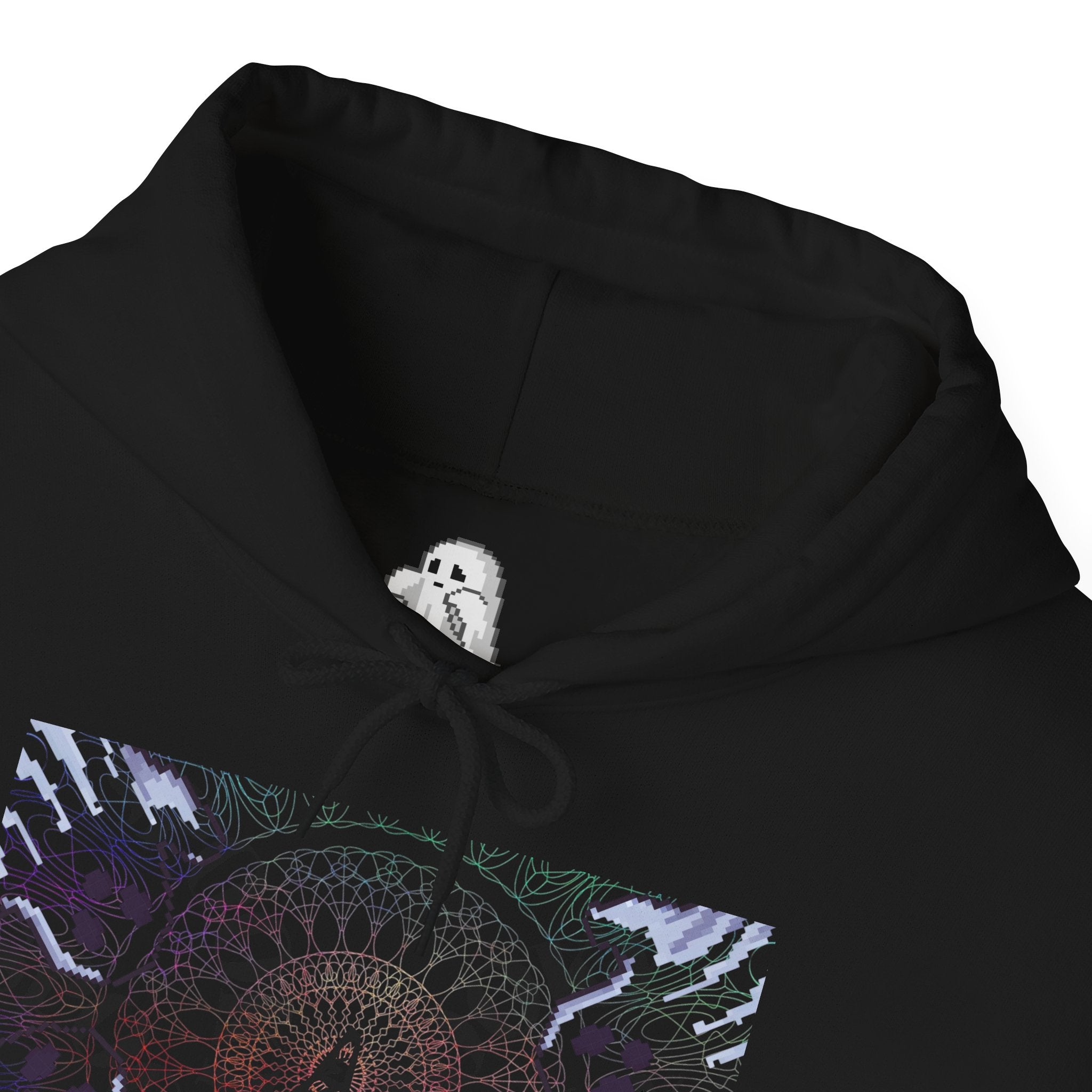 Black hoodie with a ghost design on the hood and colorful pattern on the chest.
