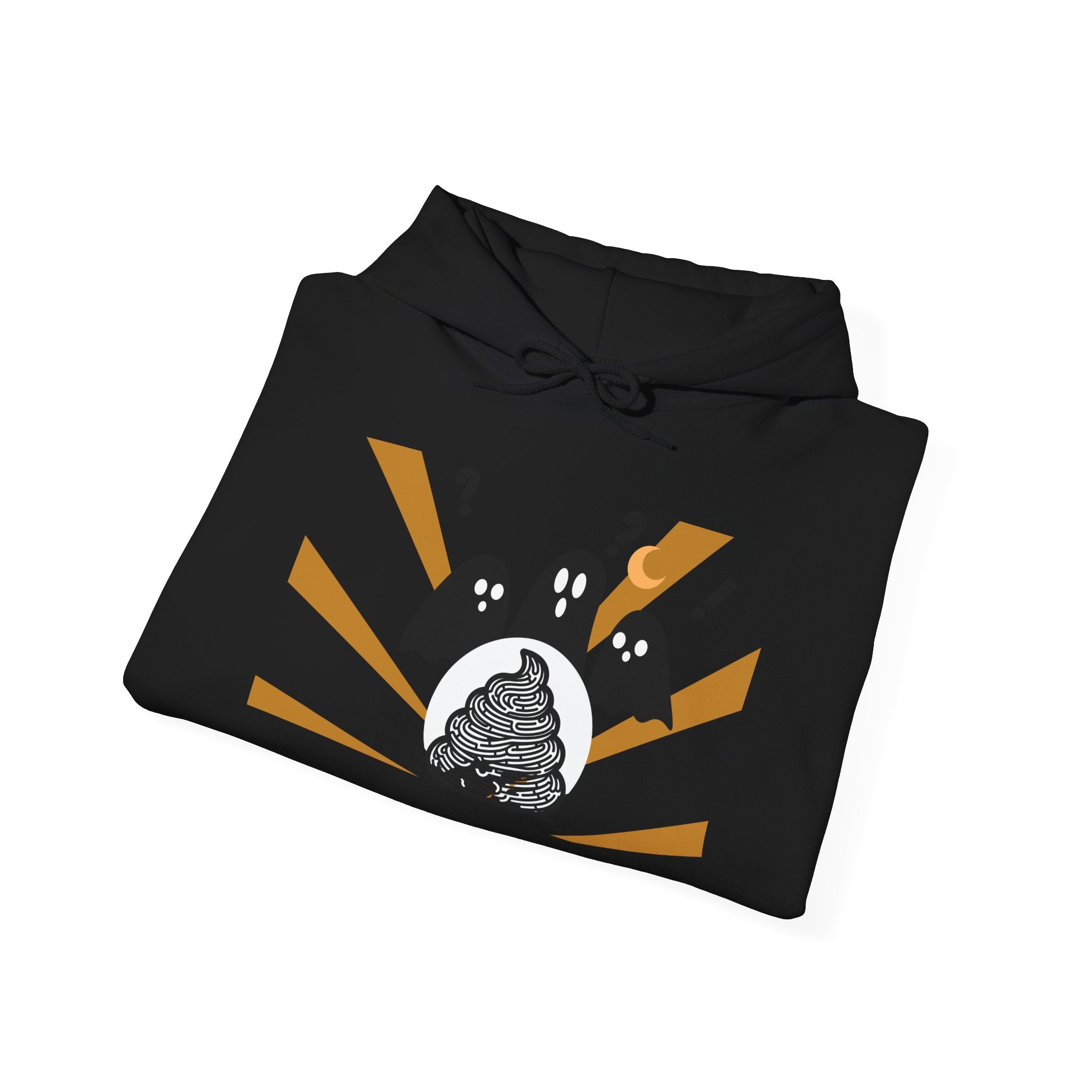 Black hoodie with a graphic design on a white background