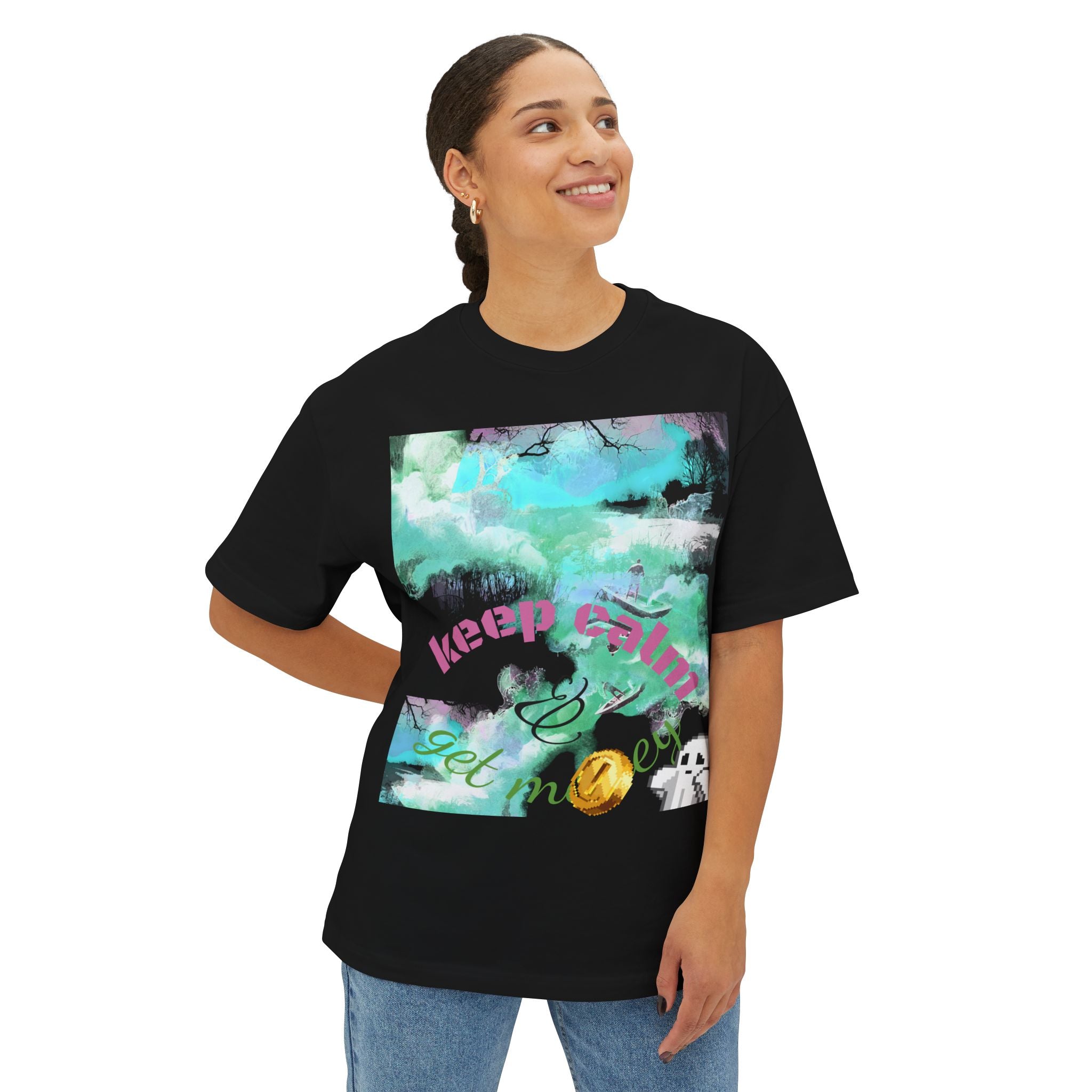 Person wearing a black t-shirt with a colorful graphic design on a white background