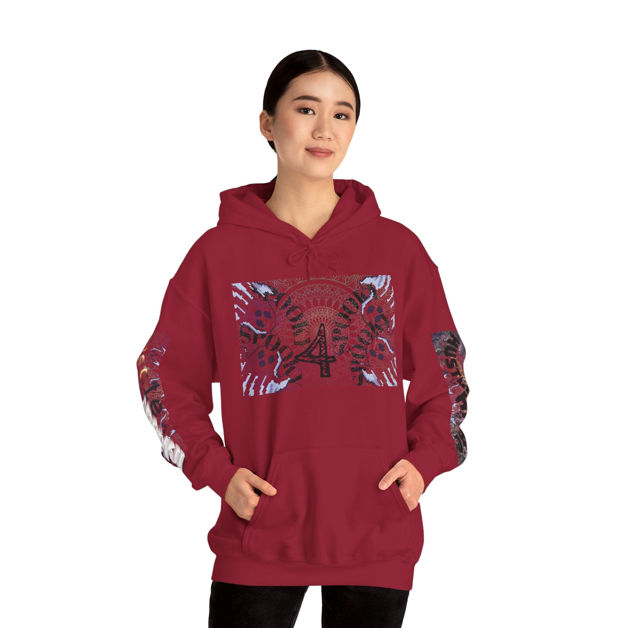 Red hoodie with a unique design on a white background
