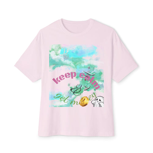 Pink t-shirt with colorful graphic and text on a white background