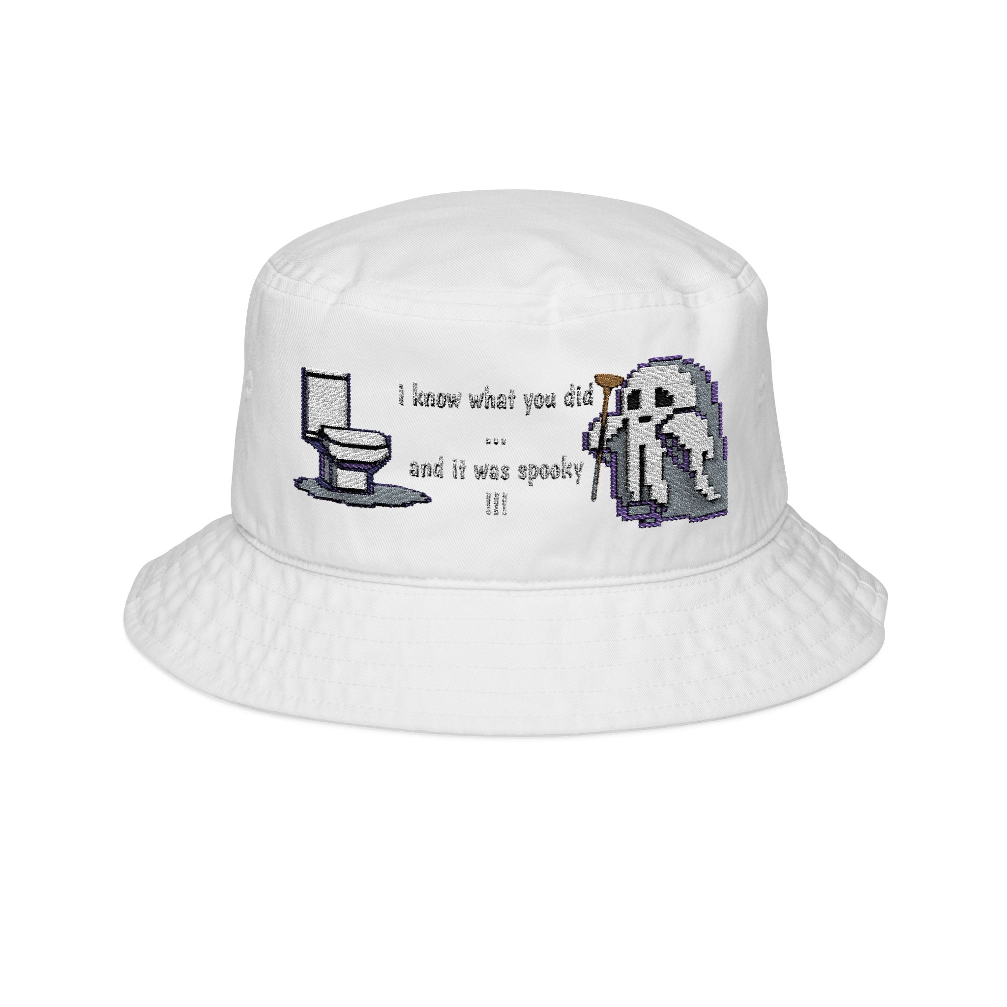 custom White bucket hat with embroidered design and text on a white background