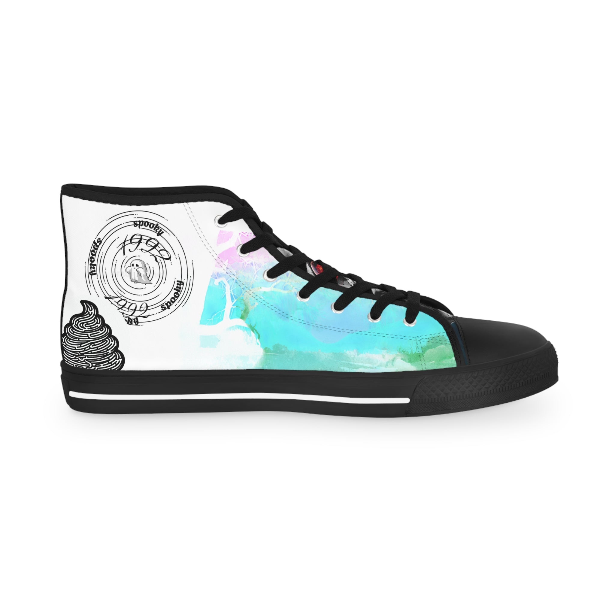 Black high-top sneaker with colorful design and text on a white background