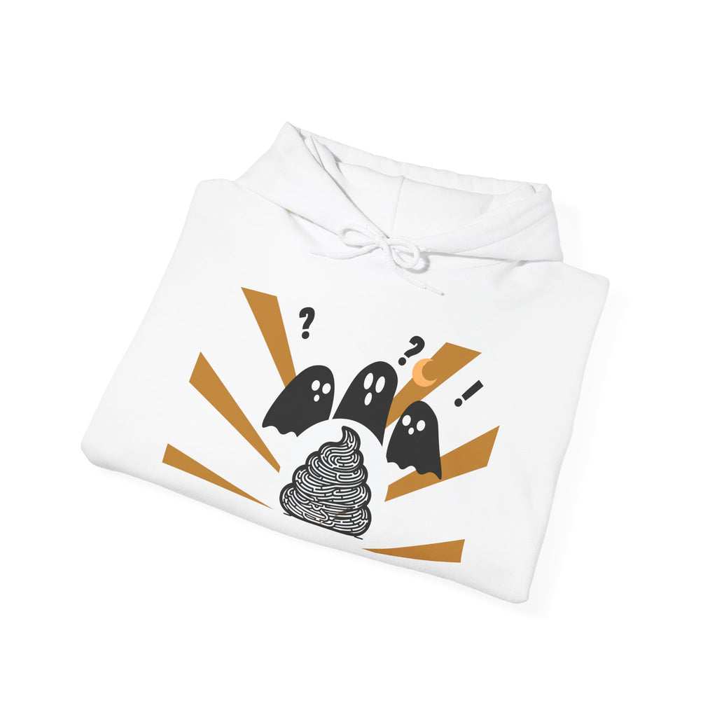 White hoodie with Halloween-themed design featuring ghosts and a poop emoji on a white background