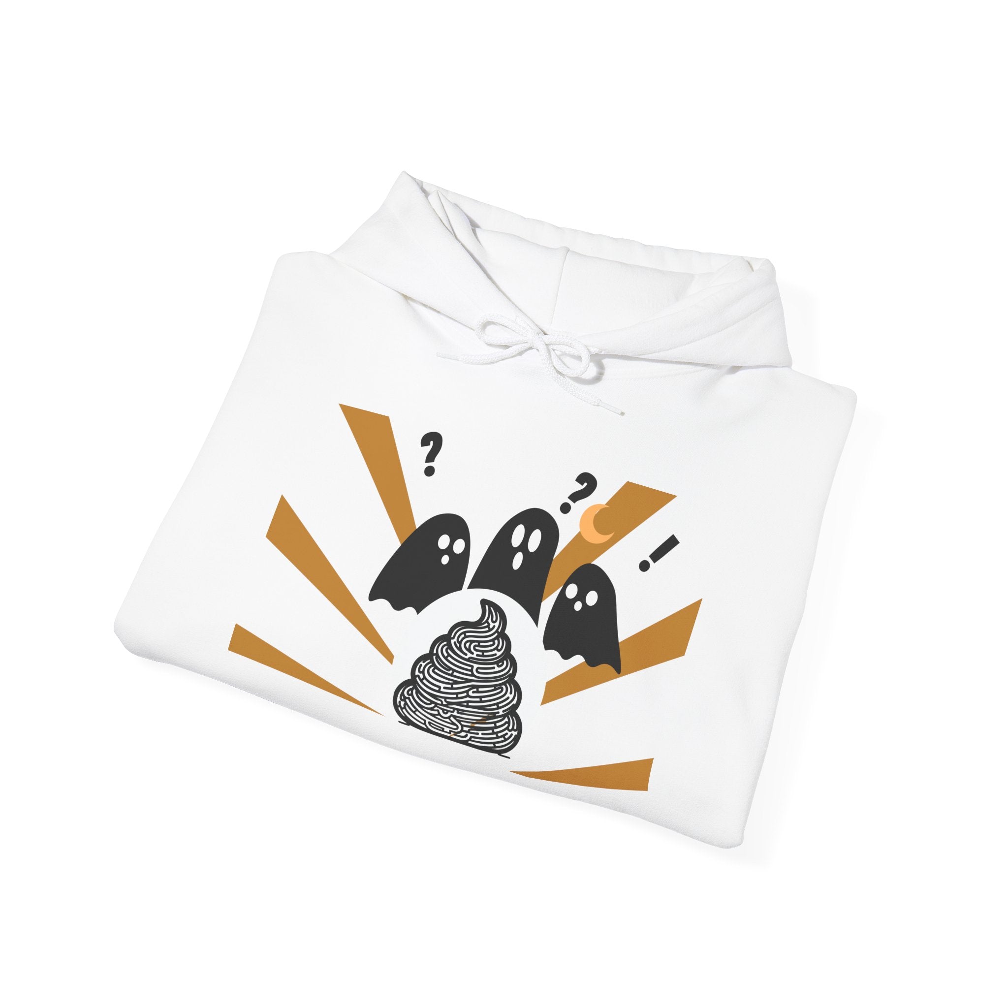 White hoodie with Halloween-themed design featuring ghosts and a poop emoji on a white background