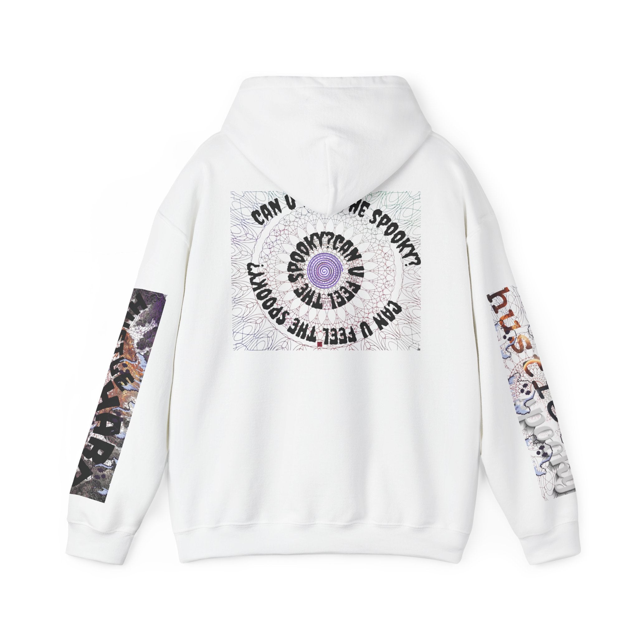 White hoodie with graphic designs on sleeves and back against a white background