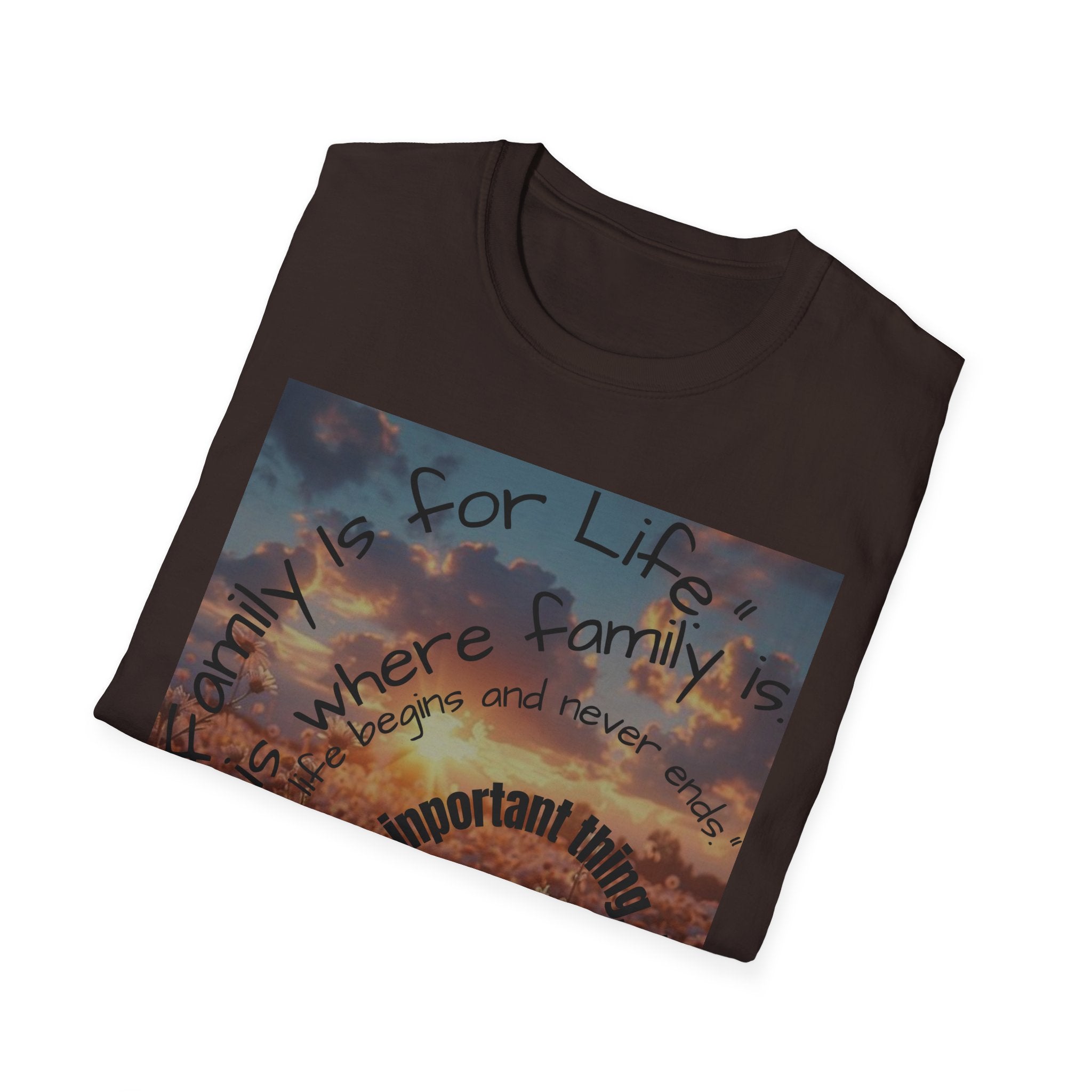 Folded brown t-shirt with a graphic design and text on a white background