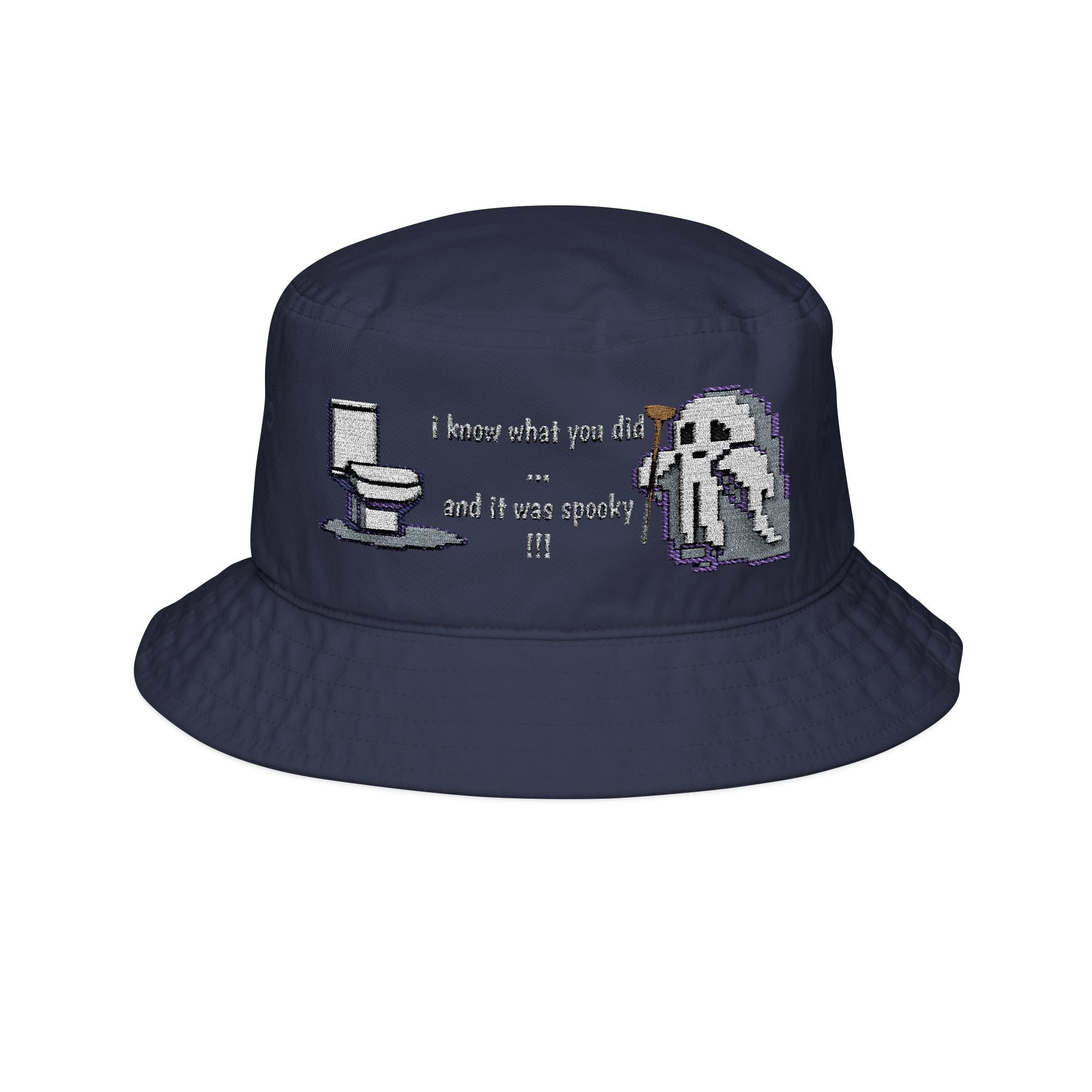 Navy bucket hat with pixelated ghost and text design on a white background