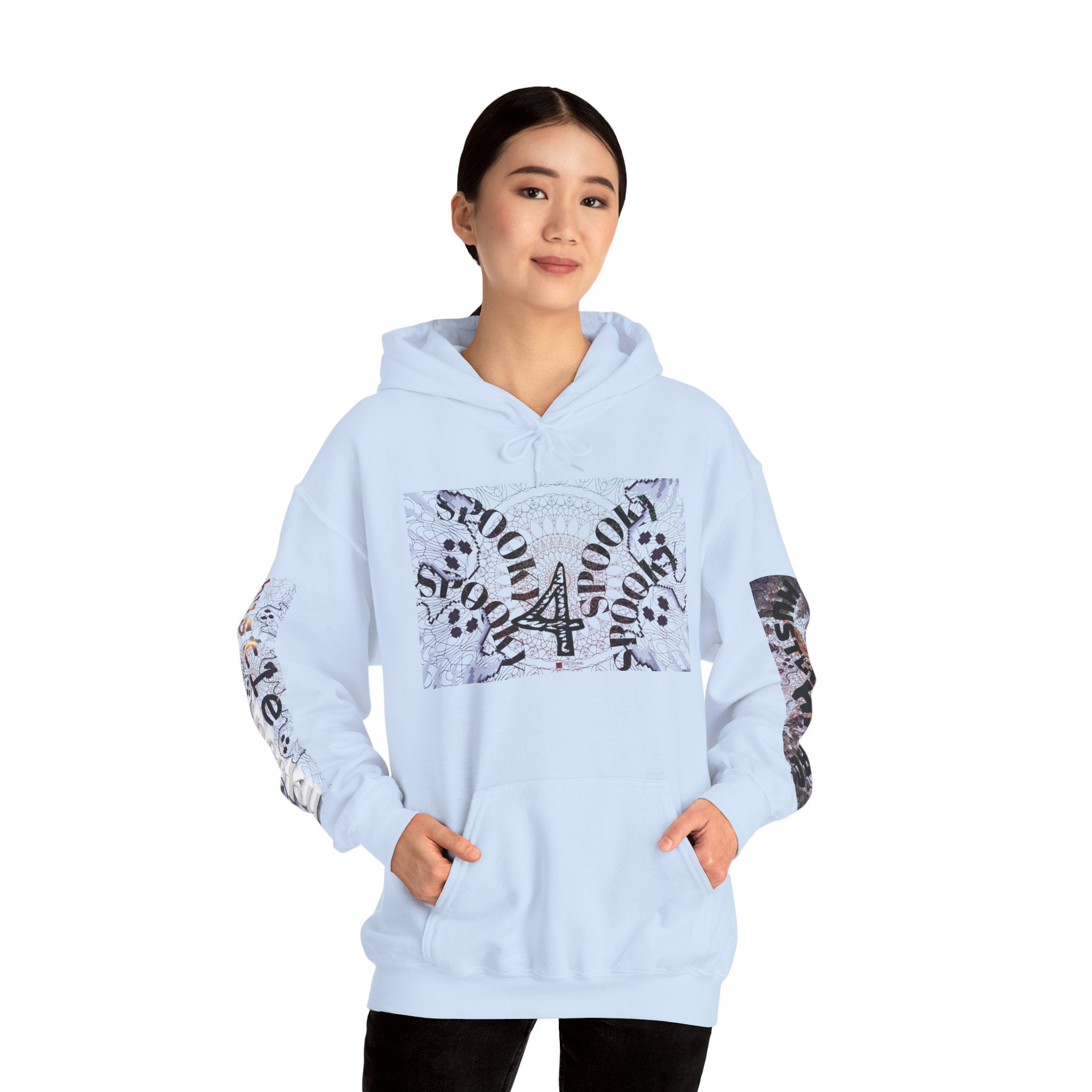 Light blue hoodie with graphic design on a white background