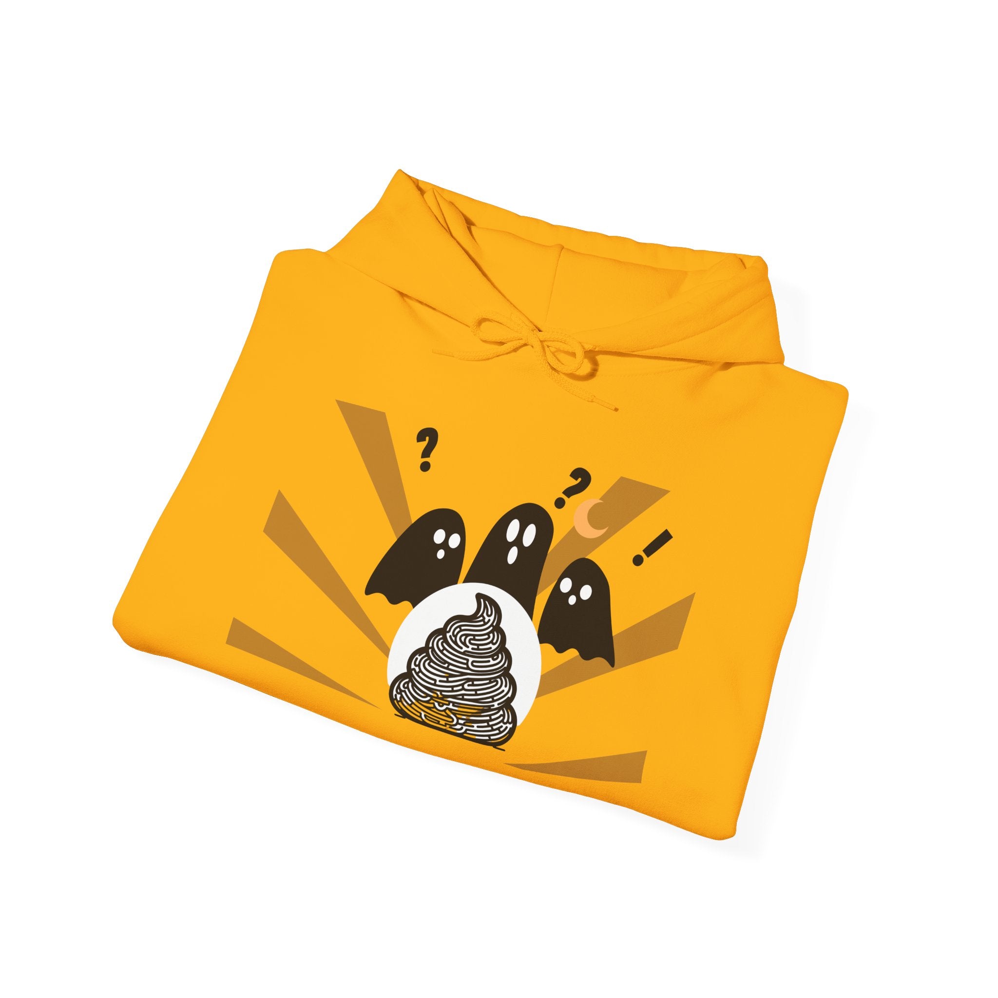Yellow hoodie with a graphic design on a white background
