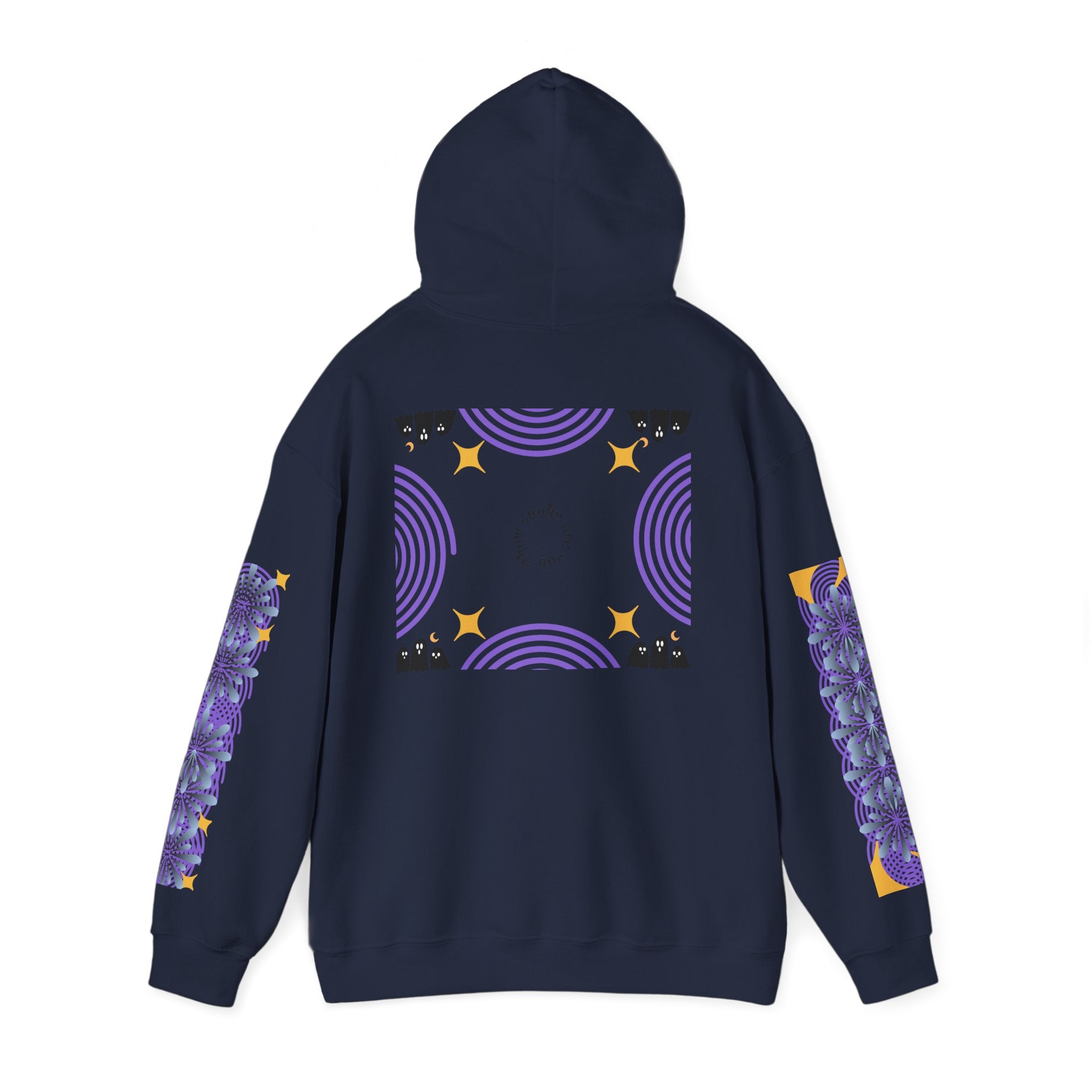 Navy blue hoodie with purple and yellow patterns on a white background