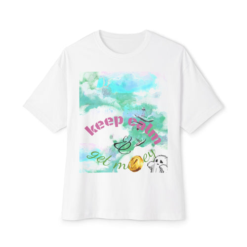  custom White t-shirt with colorful graphic and text on a white background