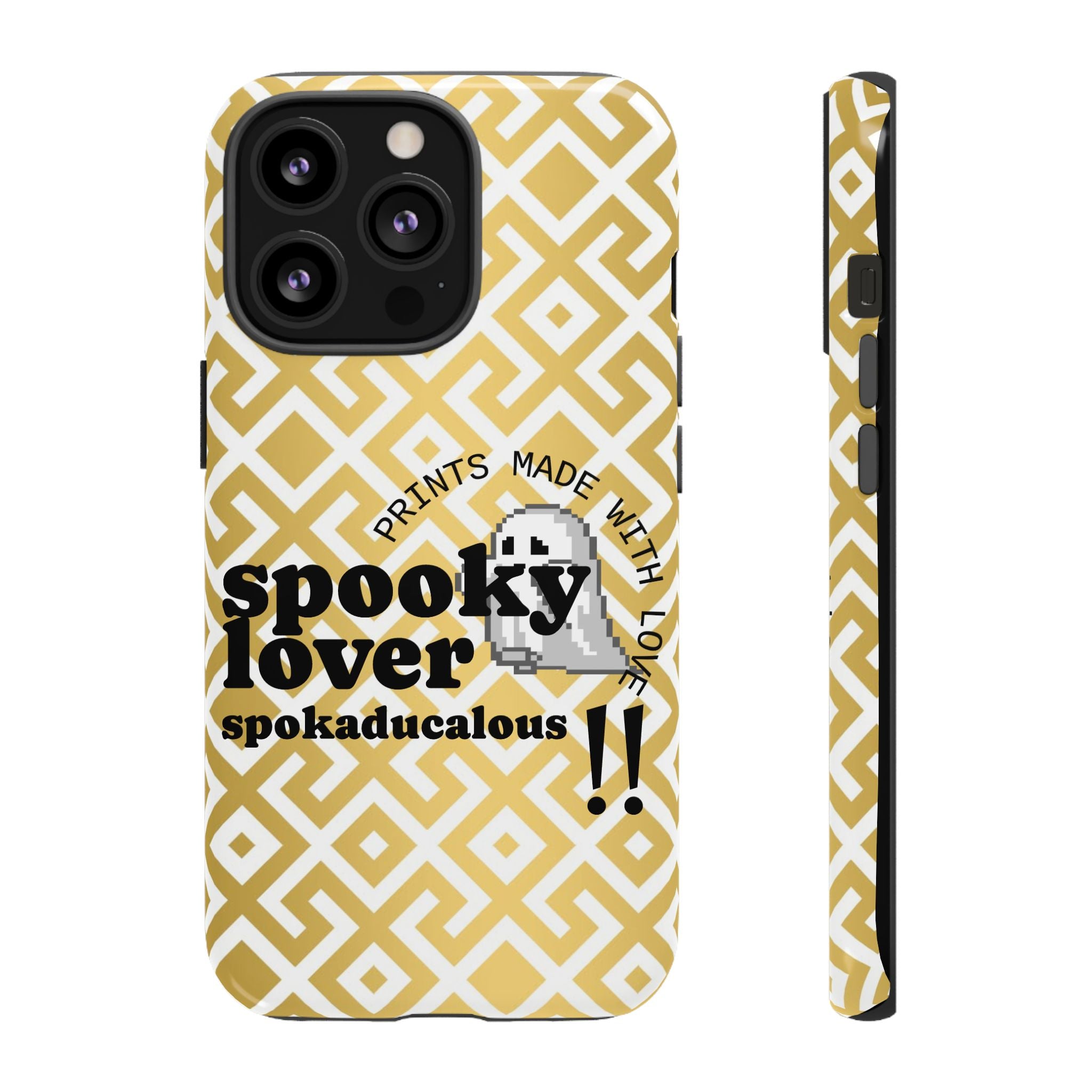 Phone case with yellow and white geometric pattern and text 'spooky lover spokaducalicious' on a white background